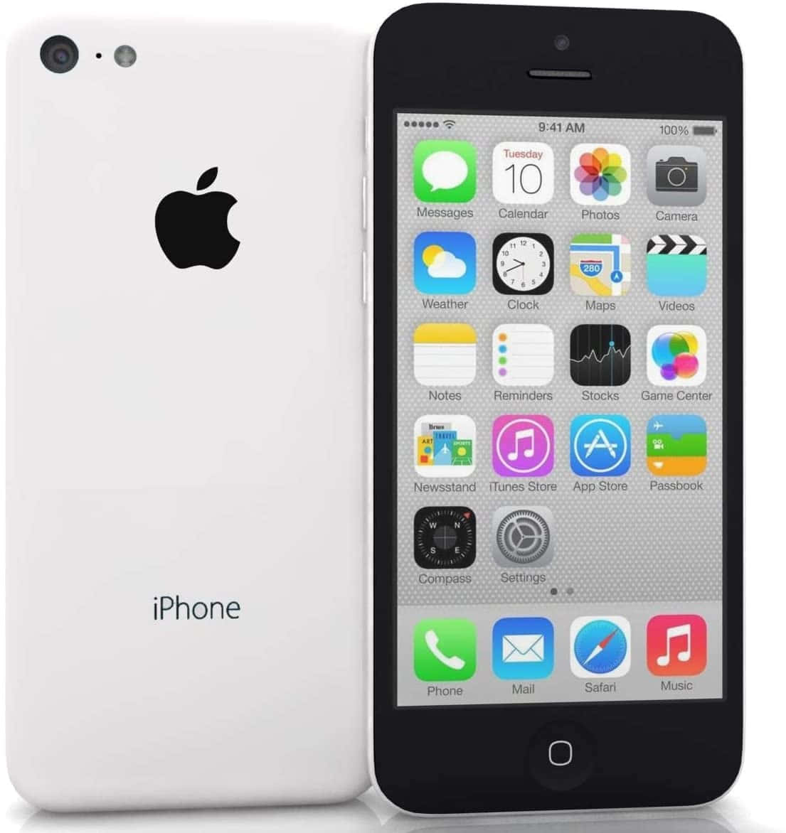 Apple Phone 桌布 壁紙 — 白色 iPhone 5c 正面和背面展示，iOS 主畫面顯示經典應用程式圖標。