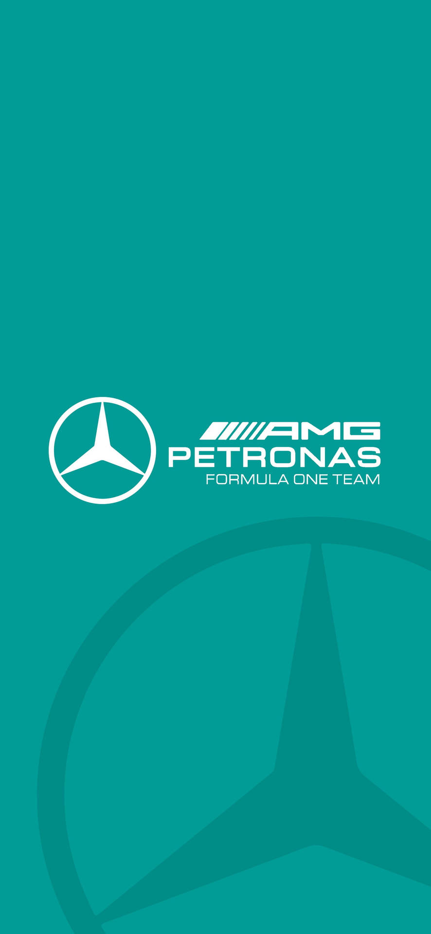  壁紙 — 白色 Mercedes AMG Petronas 一級方程式車隊標誌，置於純青色背景上，帶有微妙的星爆陰影。