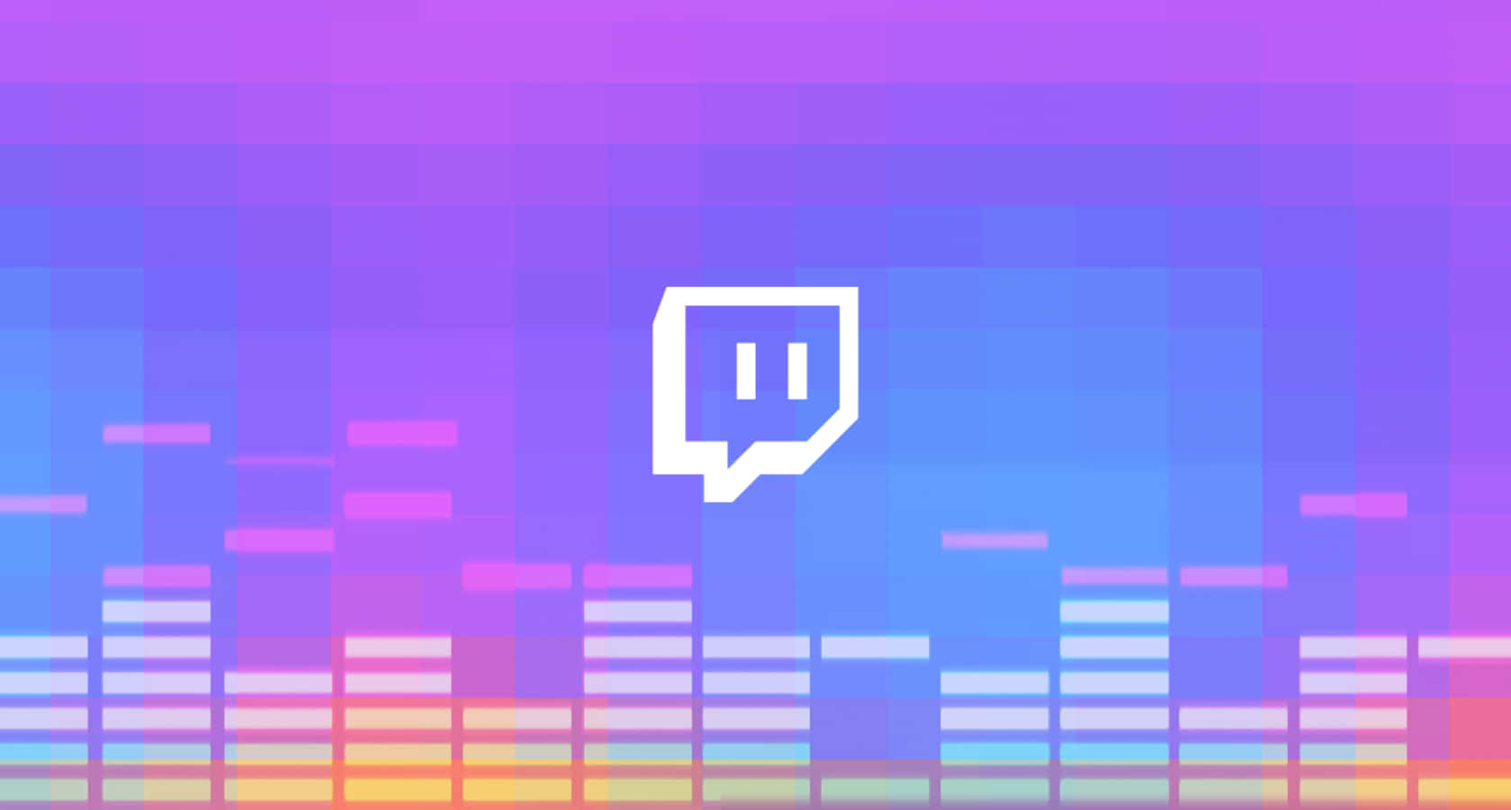 Twitch 桌布 壁紙 — 白色 Twitch 標誌居中於充滿活力的漸變背景上，並帶有彩色音頻均衡器條。