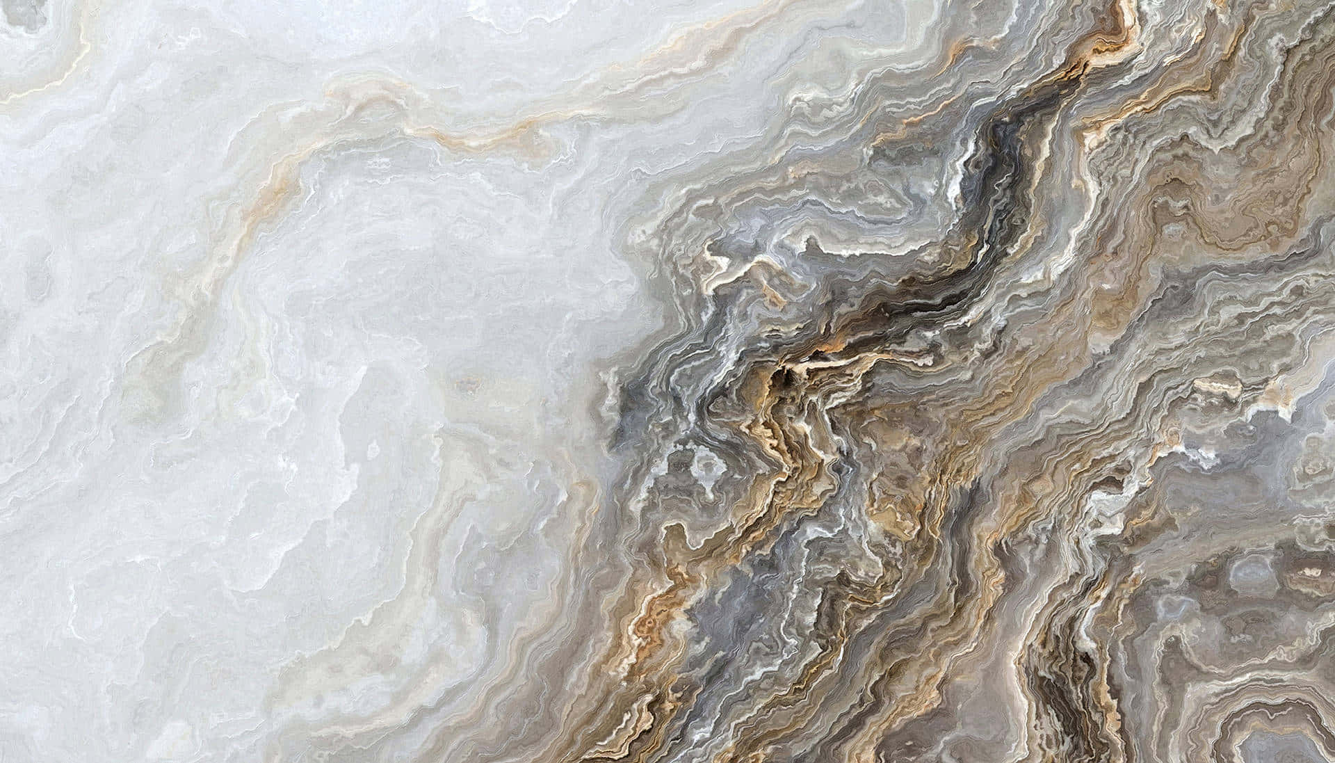Marble Macbook 桌布 壁紙 — 白色、灰色和金色漩渦紋瑪瑙石的近距離特寫，帶有複雜的自然條紋圖案。