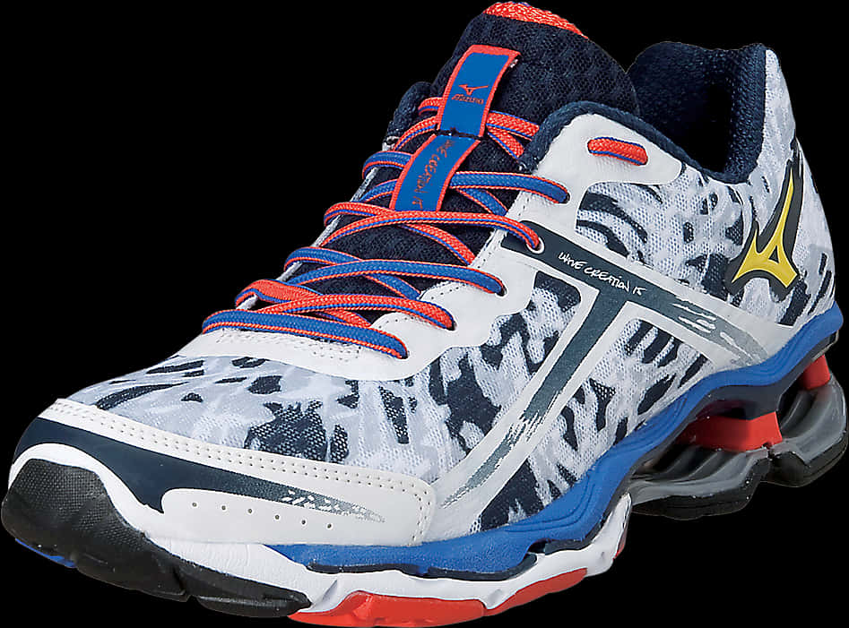 鞋子 桌布 壁紙 — 白色、藍色和紅色的 Mizuno Wave Creation 15 跑鞋特寫，具有大膽的圖案和可見的緩震設計，背景為黑色。