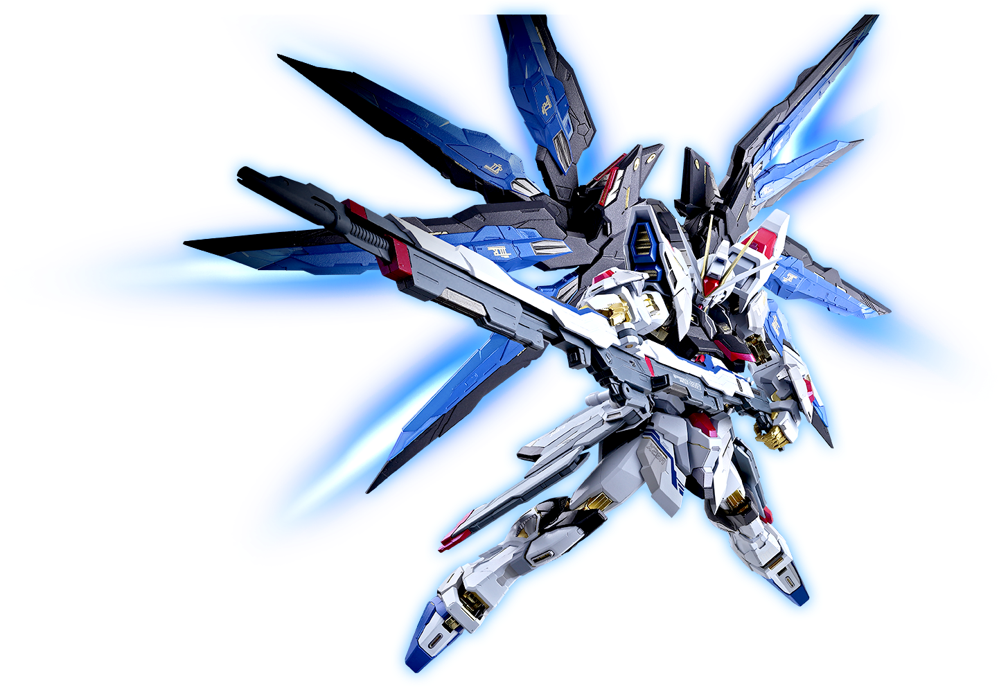機動戰士鋼彈 桌布 壁紙 — 白色、藍色和紅色的機動戰士，帶有發光的藍色翼狀裝甲，在黑色背景上動態伸展。