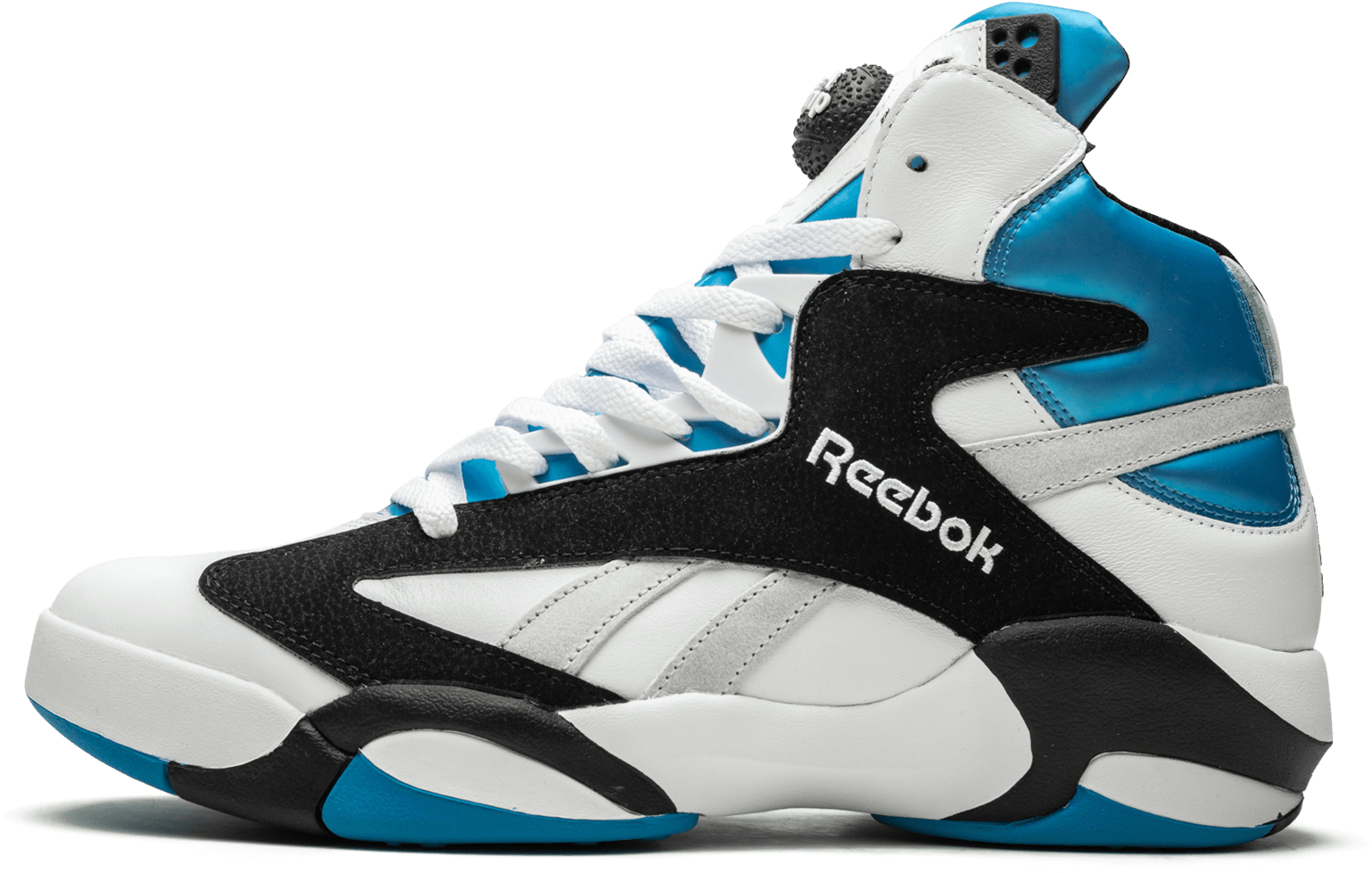 銳步 桌布 壁紙 — 白色、黑色和鮮藍色高筒Reebok籃球鞋，帶有銀色點綴和紋理鞋頭。