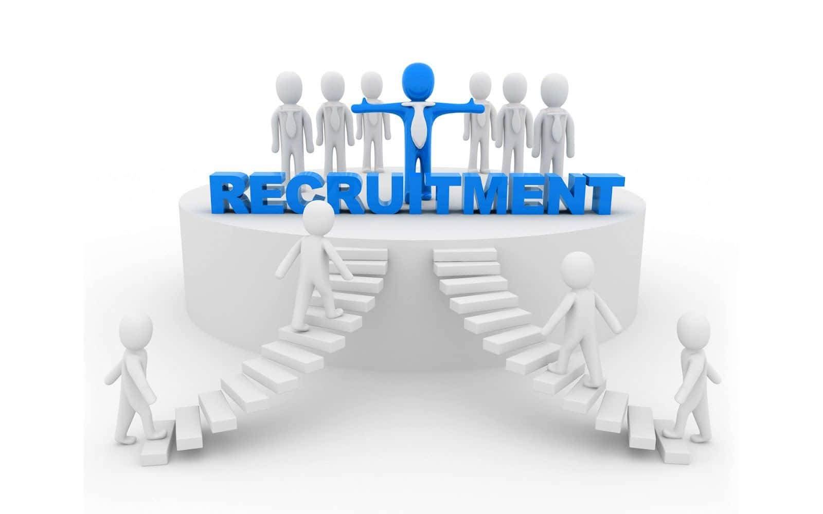 Recruitment 桌布 壁紙 — 白色3D人物爬上樓梯，走向藍色「招聘」標誌，其中一個人物站在頂部張開雙臂。