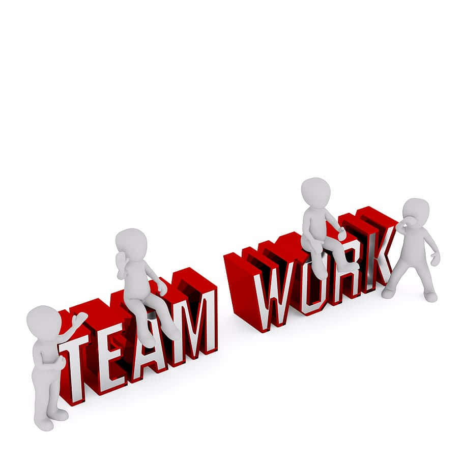 Teamwork 桌布 壁紙 — 白色3D人物與粗體紅色3D字母互動，拼出team work，背景為純淨白色。