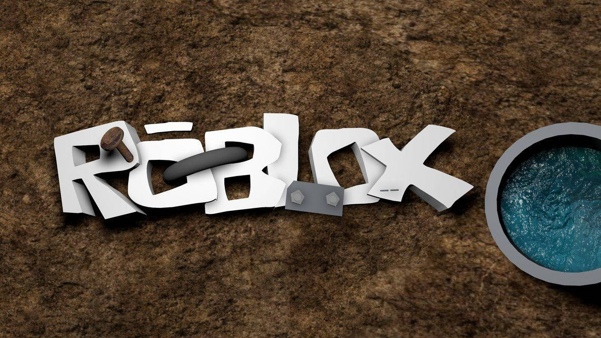 Roblox 桌布 壁紙 — 白色3D字體的Roblox標誌放置在帶有紋理的棕色地面上，旁邊有一個旋轉的藍色傳送門。