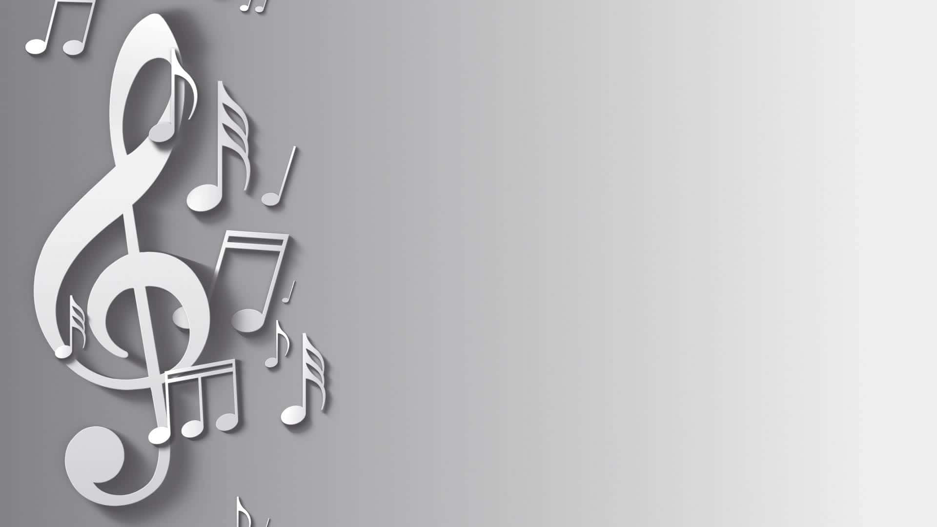 音樂錄影帶 桌布 壁紙 — 白色3D音符和高音譜號漂浮在柔和的灰色漸變背景上。