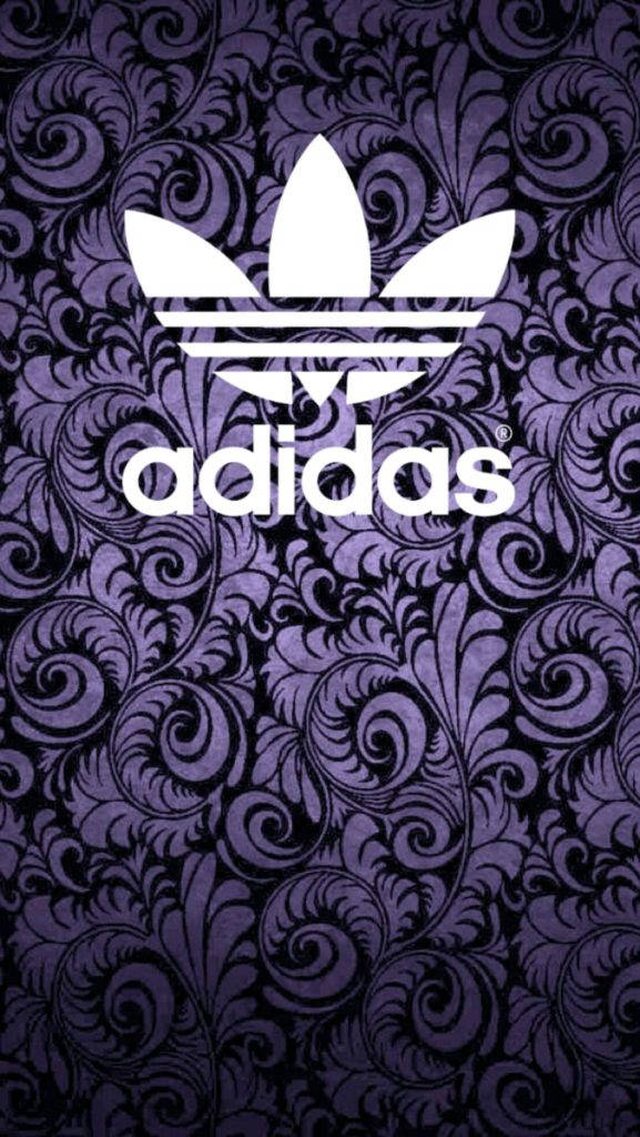 adidas iPhone 桌布 壁紙 — 白色Adidas標誌居中在深紫色華麗漩渦壁紙上。