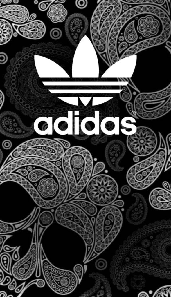 adidas iPhone 桌布 壁紙 — 白色adidas標誌居中在黑色背景上，帶有不同灰色調的複雜佩斯利圖案。