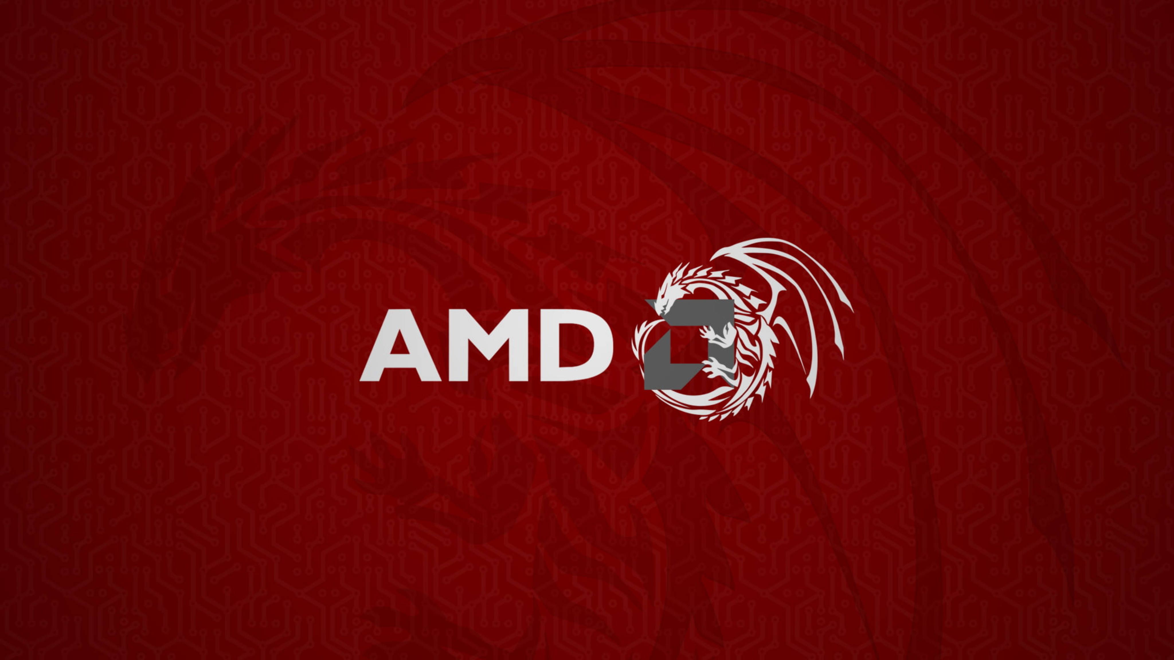 AMD 桌布 壁紙 — 白色AMD標誌配龍形徽章，置中於深紅色背景上，帶有細微幾何圖案。