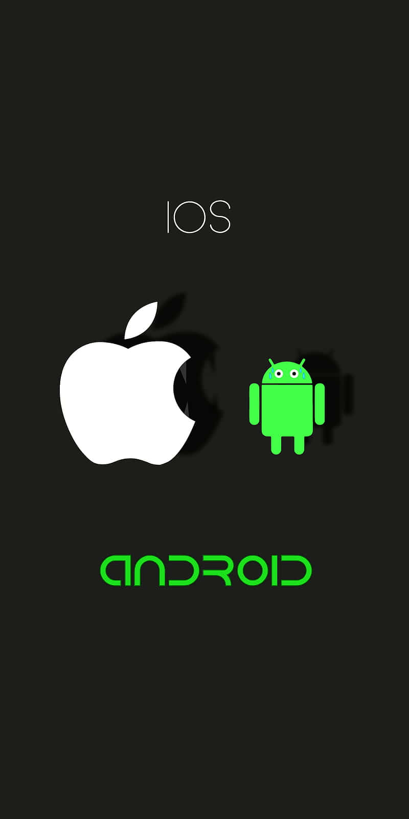 Apple Android 桌布 壁紙 — 白色Apple標誌和綠色Android吉祥物在黑色背景上並排站立，帶有iOS和Android文字。