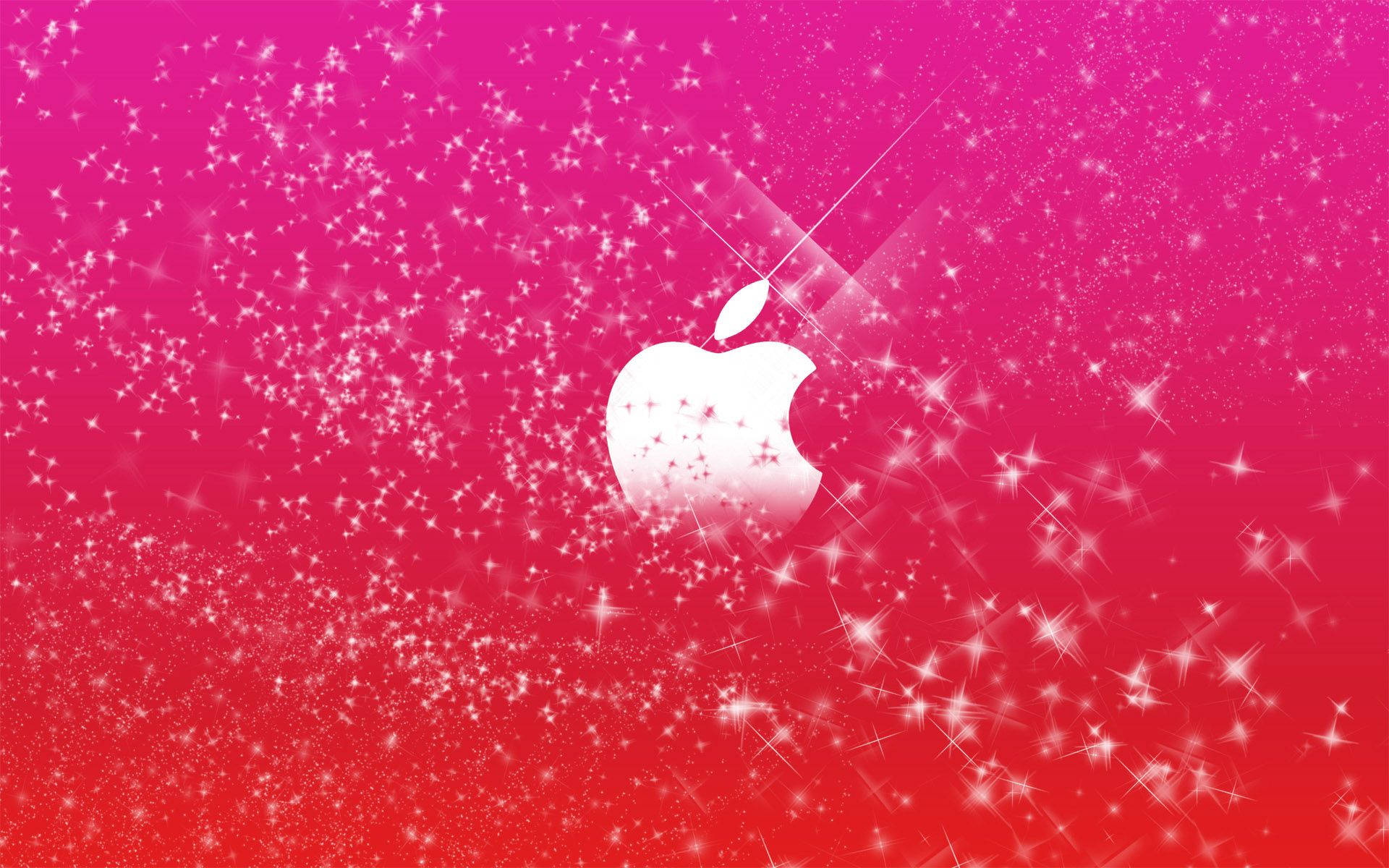 閃爍 桌布 壁紙 — 白色Apple標誌在充滿活力的粉紅到紅色漸變背景上閃耀，散佈著閃爍的星爆效果。