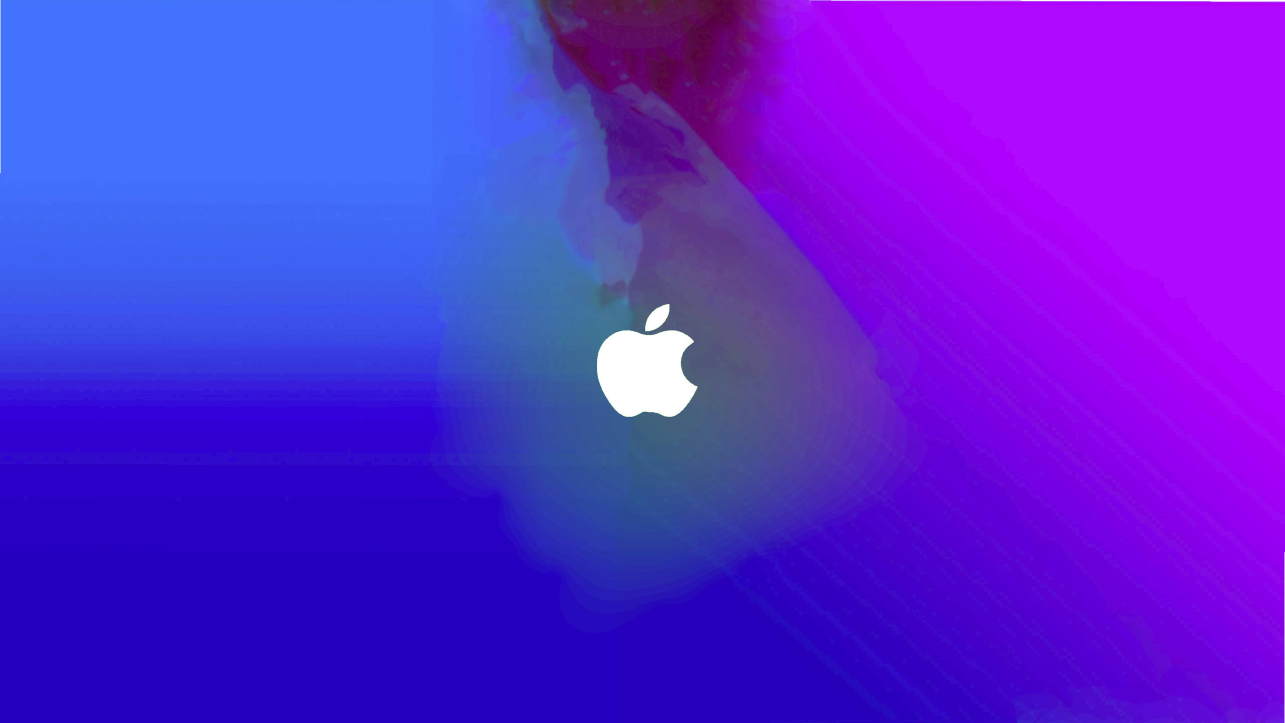 Apple 4K Ultra HD 桌布 壁紙 — 白色Apple標誌居中，背景為藍色和紫色的鮮豔漸變，帶有抽象條紋。