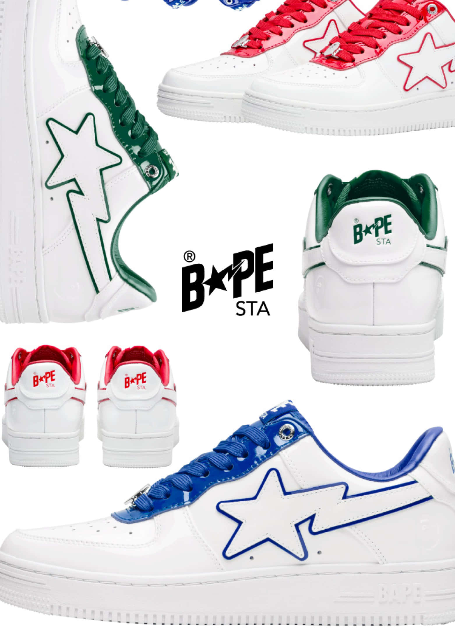 Bape 動態 桌布 壁紙 — 白色BAPE STA運動鞋，紅色、綠色和藍色配色，每雙均帶有醒目的星星標誌和品牌標識。