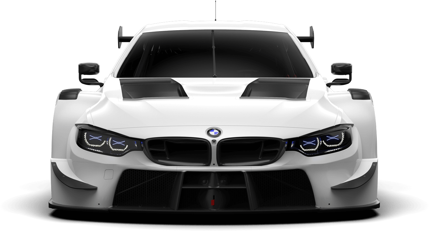 BMW 動圖 桌布 壁紙 — 白色BMW賽車正面視圖，帶有發光藍色車頭燈，背景為黑色。