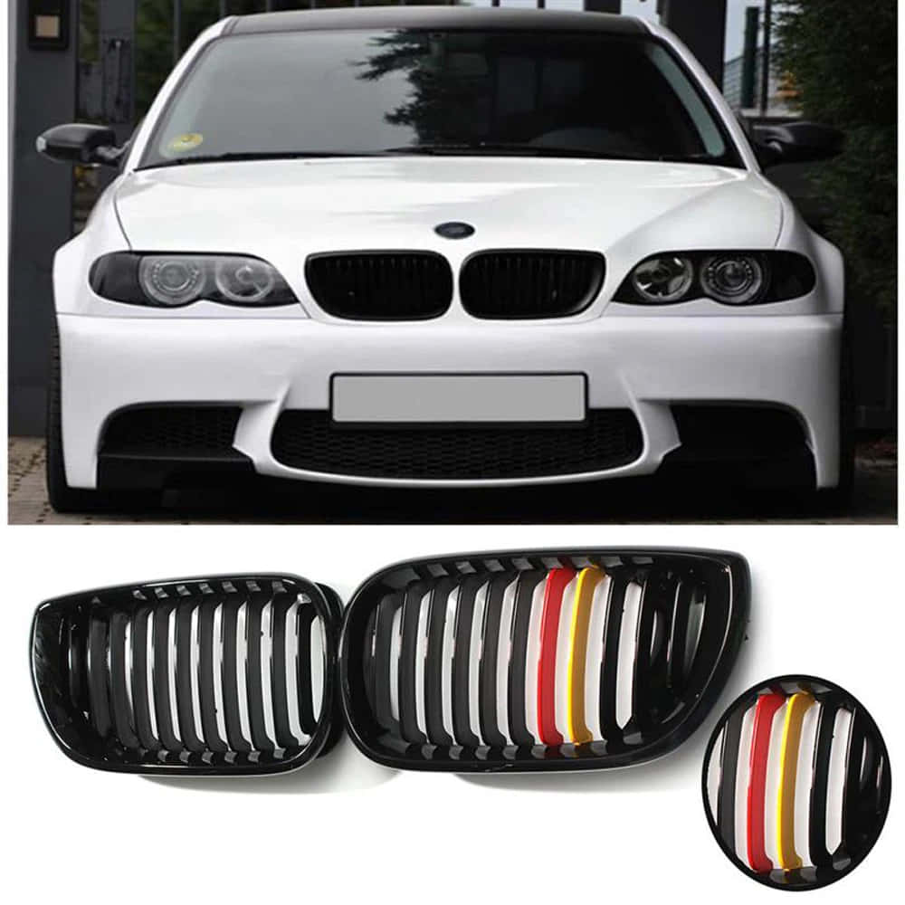 Car Grill 桌布 壁紙 — 白色BMW跑車正面視圖，帶有光澤黑色腎形格柵，飾有紅、黃、白三色條紋。