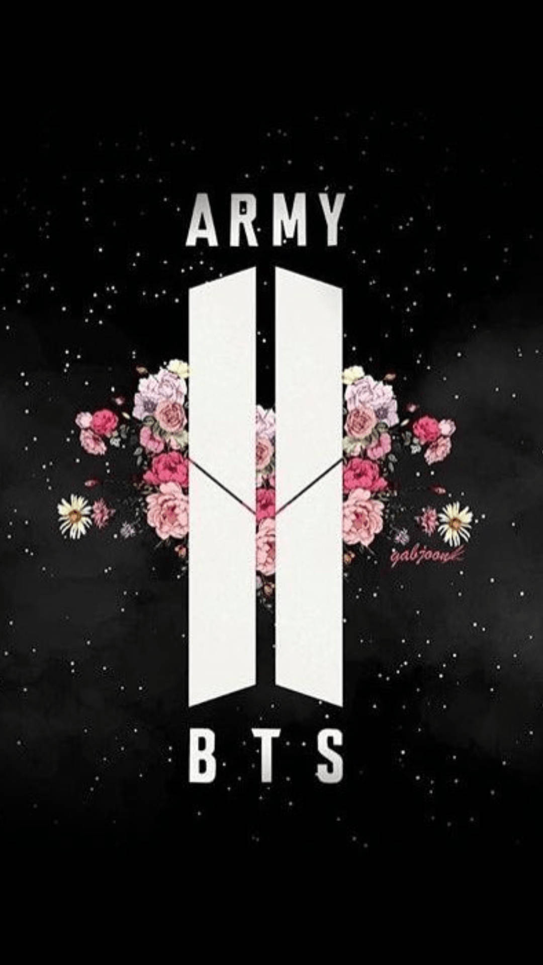 BTS標誌，帶有粉紅色花朵，背景為星空黑色，標有ARMY和BTS — BTS 防彈少年團 粉絲 女孩 GIF 壁紙