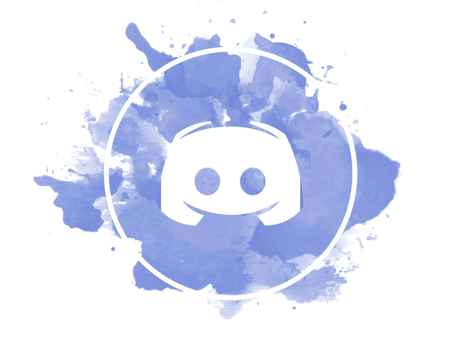 Discord 桌布 壁紙 — 白色Discord標誌居中於圓形框架內，背景為白色上的藍色水彩潑濺。