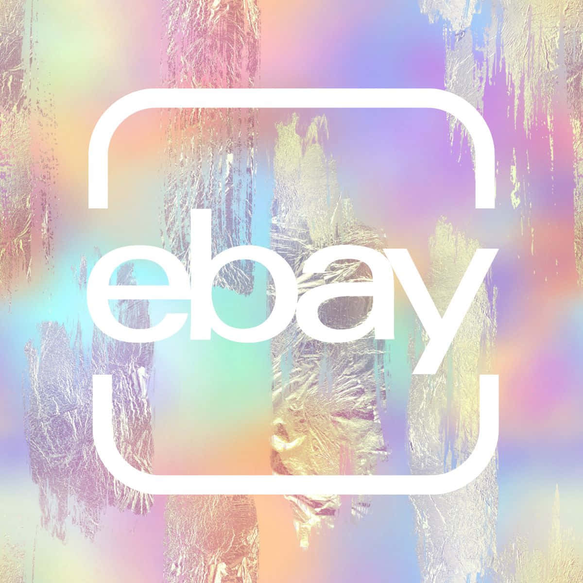 品牌 桌布 壁紙 — 白色eBay標誌在充滿活力的彩虹色背景上脫穎而出，背景帶有金屬箔紋理和柔和漸變色。