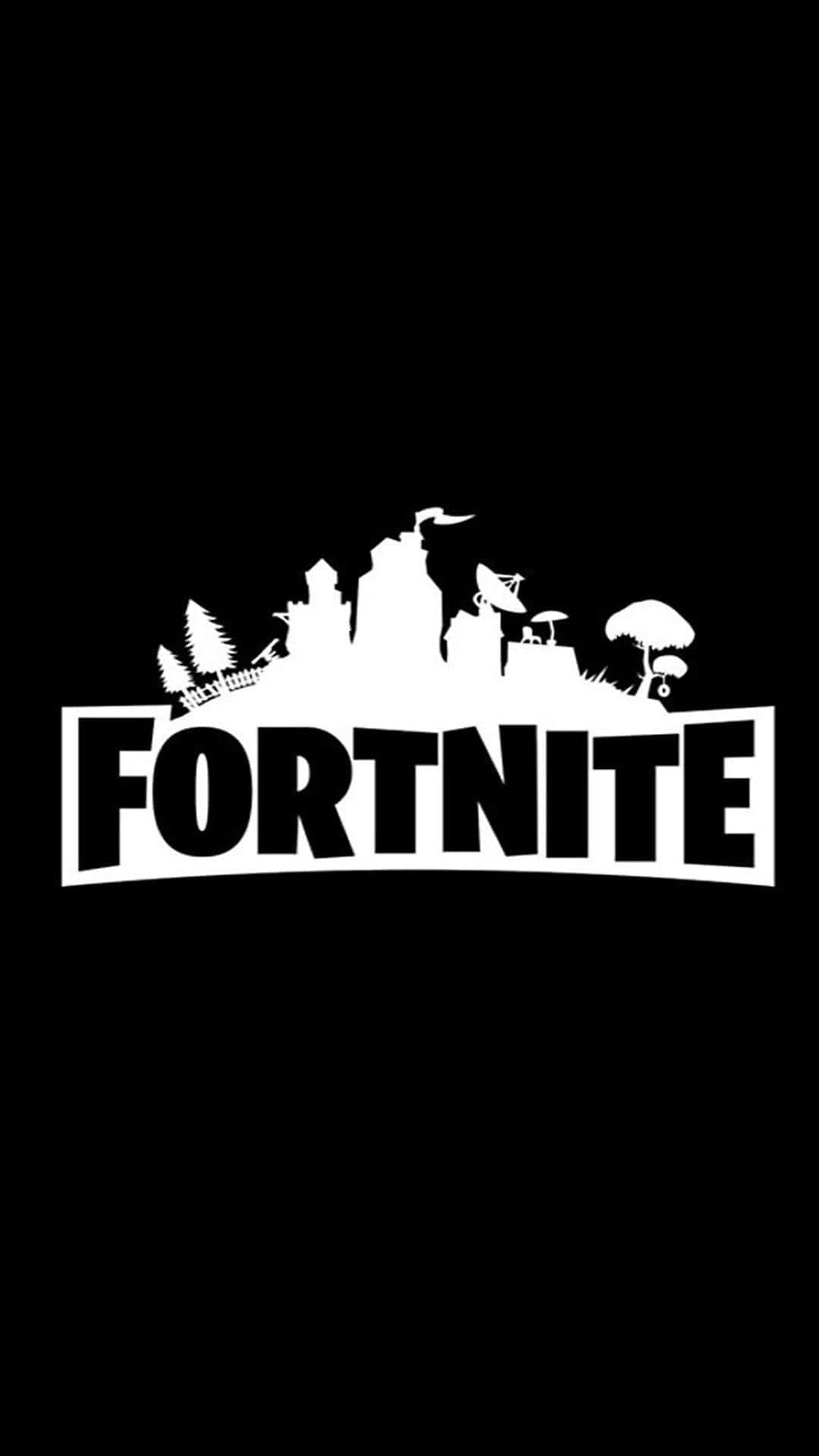 Fortnite 桌布 壁紙 — 白色Fortnite標誌，黑色背景上帶有遊戲圖標剪影。