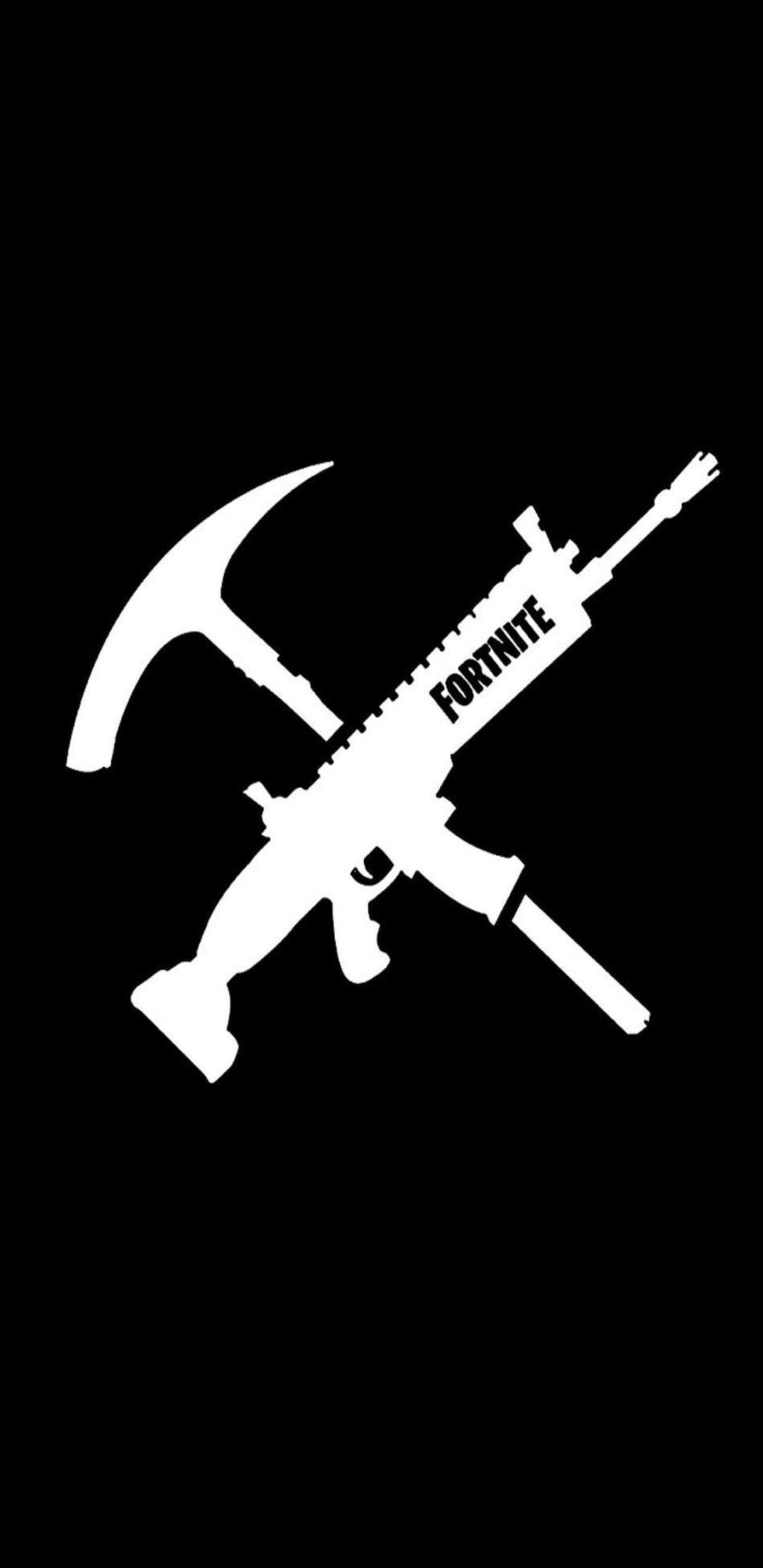 Fortnite 桌布 壁紙 — 白色Fortnite鎬和突擊步槍剪影在純黑色背景上交叉。