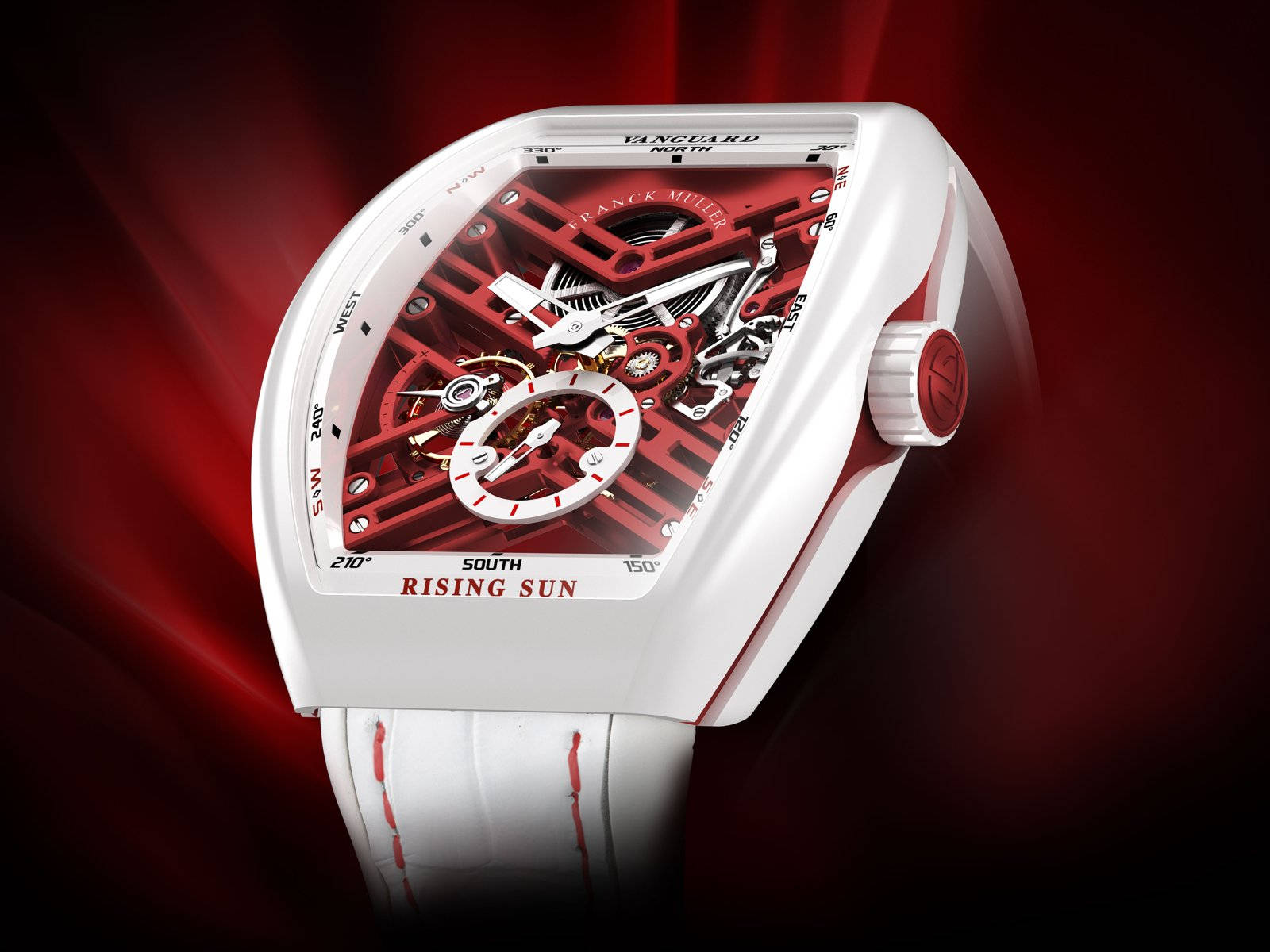紅色動圖 桌布 壁紙 — 白色Franck Muller Vanguard Rising Sun手錶，在鮮紅色背景上露出紅色機械齒輪。