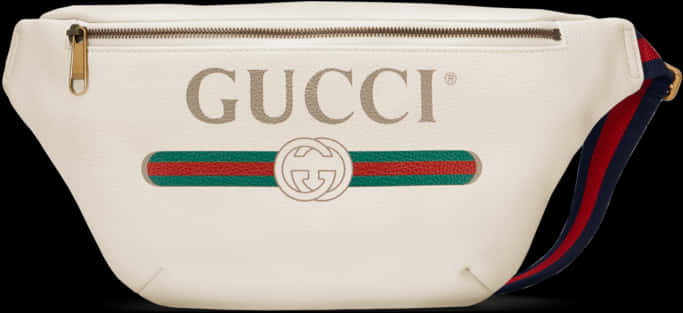 Product 桌布 壁紙 — 白色Gucci腰包，金色拉鍊，標誌性綠紅織帶條紋，黑色背景。