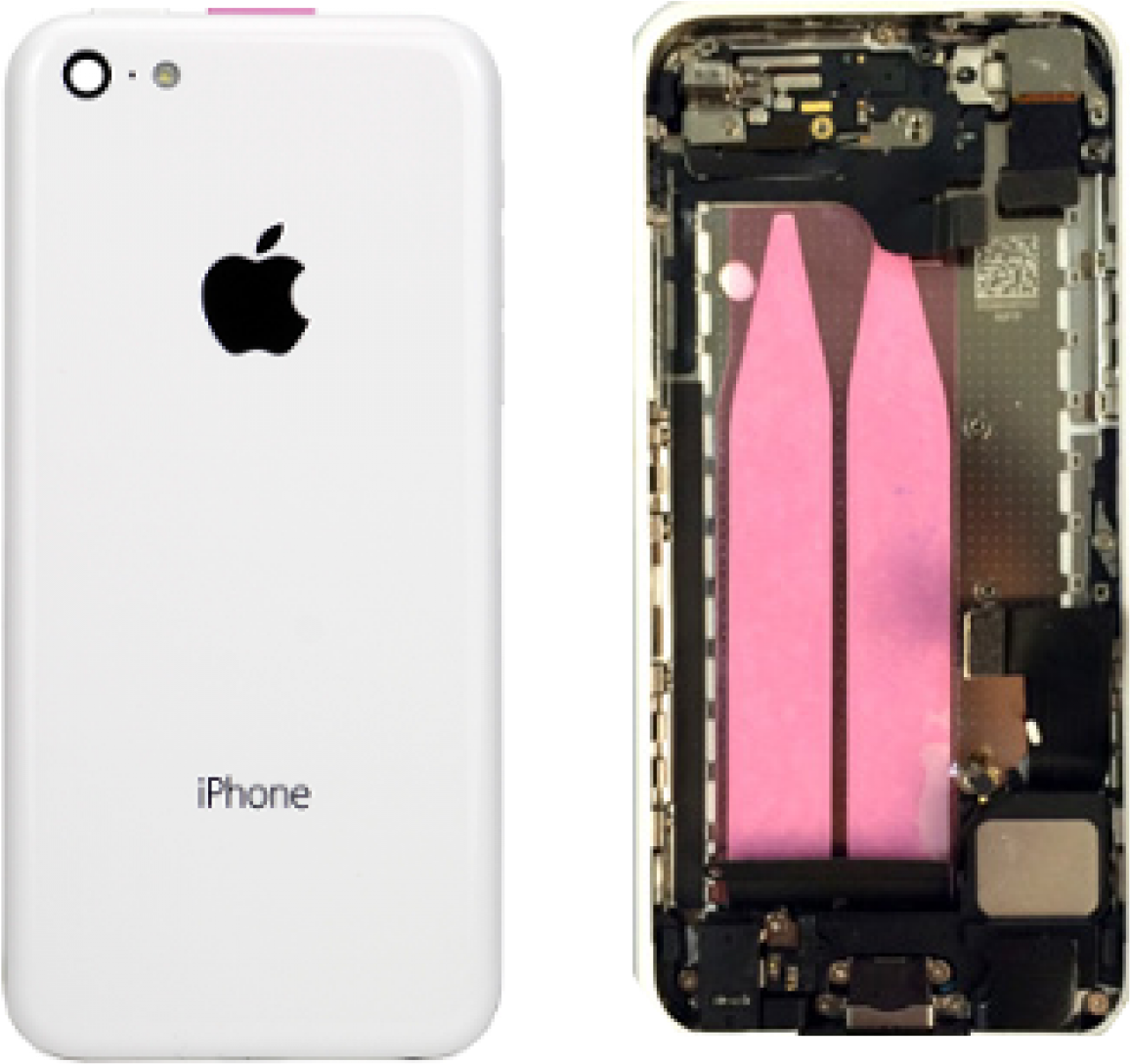 白色 iPhone 桌布 壁紙 — 白色iPhone外殼與粉紅色內襯內部組件在黑色背景上並排展示。