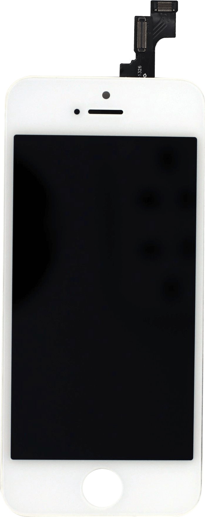 白色 iPhone 桌布 壁紙 — 白色iPhone螢幕組件，帶黑色顯示屏和可見的柔性電纜，背景為純黑色。