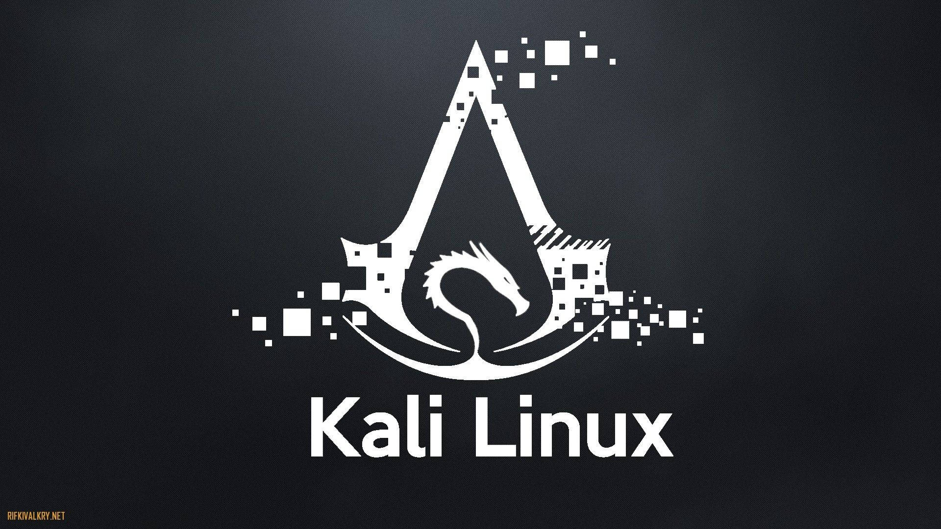 kali 桌布 壁紙 — 白色Kali Linux標誌，帶有龍和像素化元素，在深色紋理背景上。