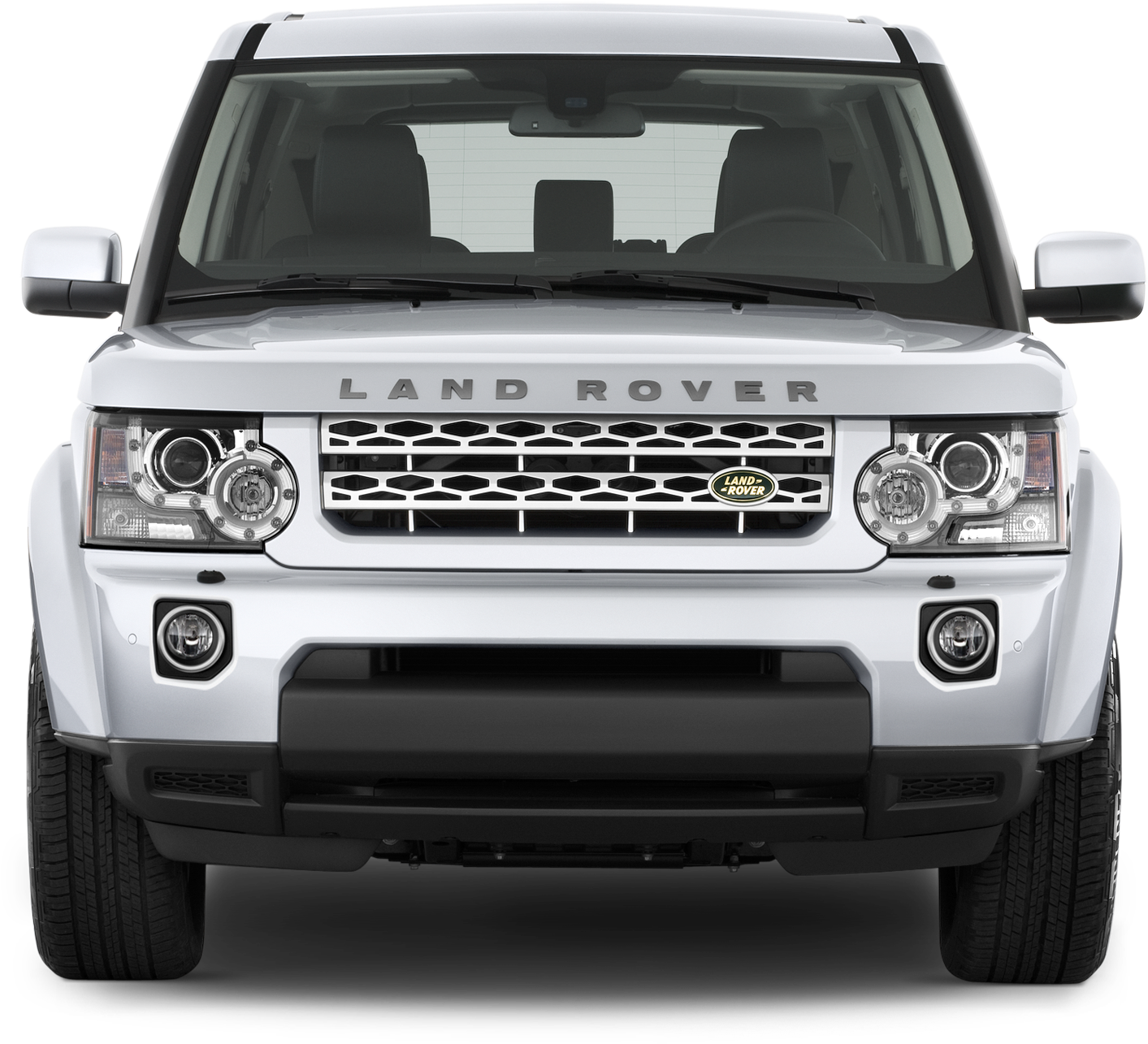 荒原路華 桌布 壁紙 — 白色Land Rover SUV正面視圖，配備鍍鉻格柵和圓形頭燈，背景為黑色。