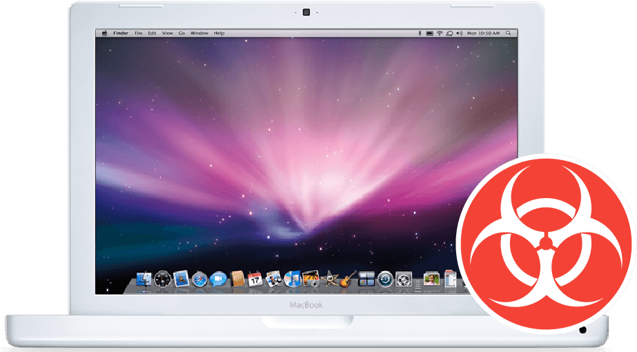 MacBook 動態圖片 桌布 壁紙 — 白色MacBook筆記型電腦顯示充滿活力的紫色和粉紅色極光桌布，帶有macOS Dock和生物危害標誌疊加。