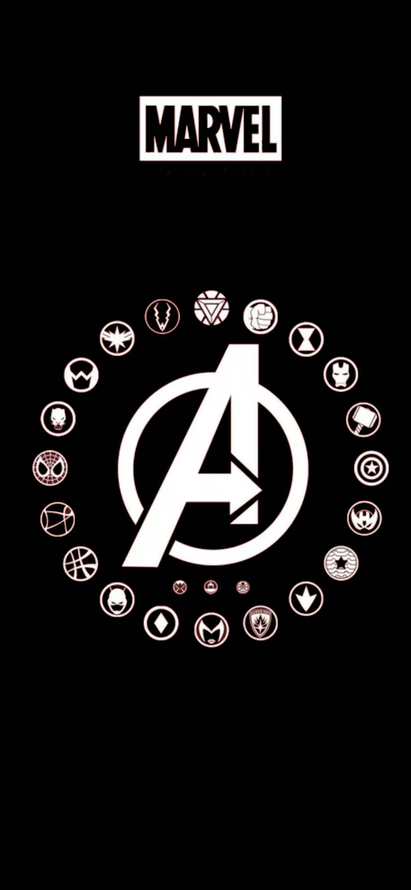 marvel iPhone xr 桌布 壁紙 — 白色Marvel Avengers標誌，周圍環繞著英雄圖示，背景為黑色。