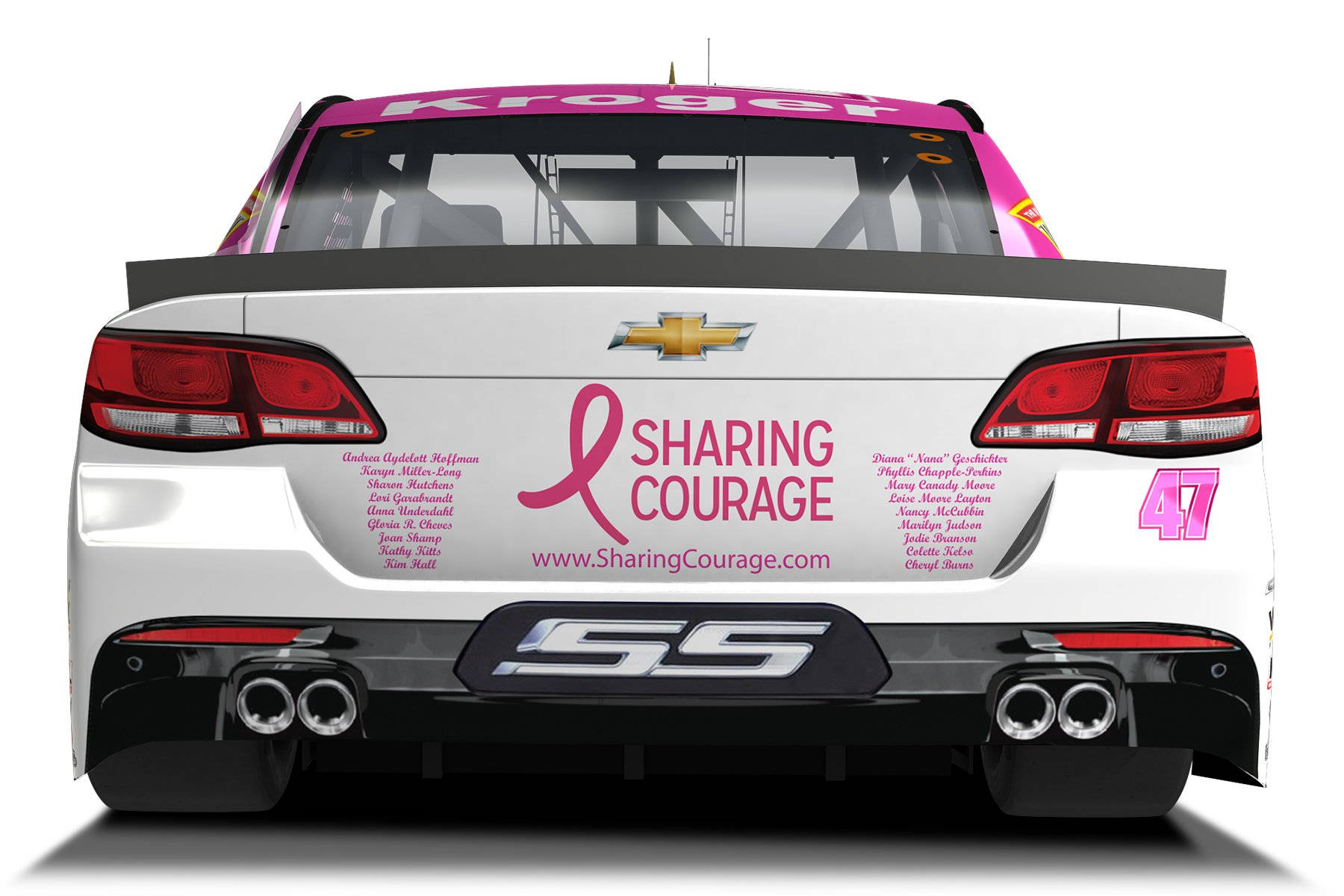 Chevrolet 桌布 壁紙 — 白色NASCAR賽車的後視圖，帶有粉紅色「Sharing Courage」乳癌意識塗裝和贊助商標誌。