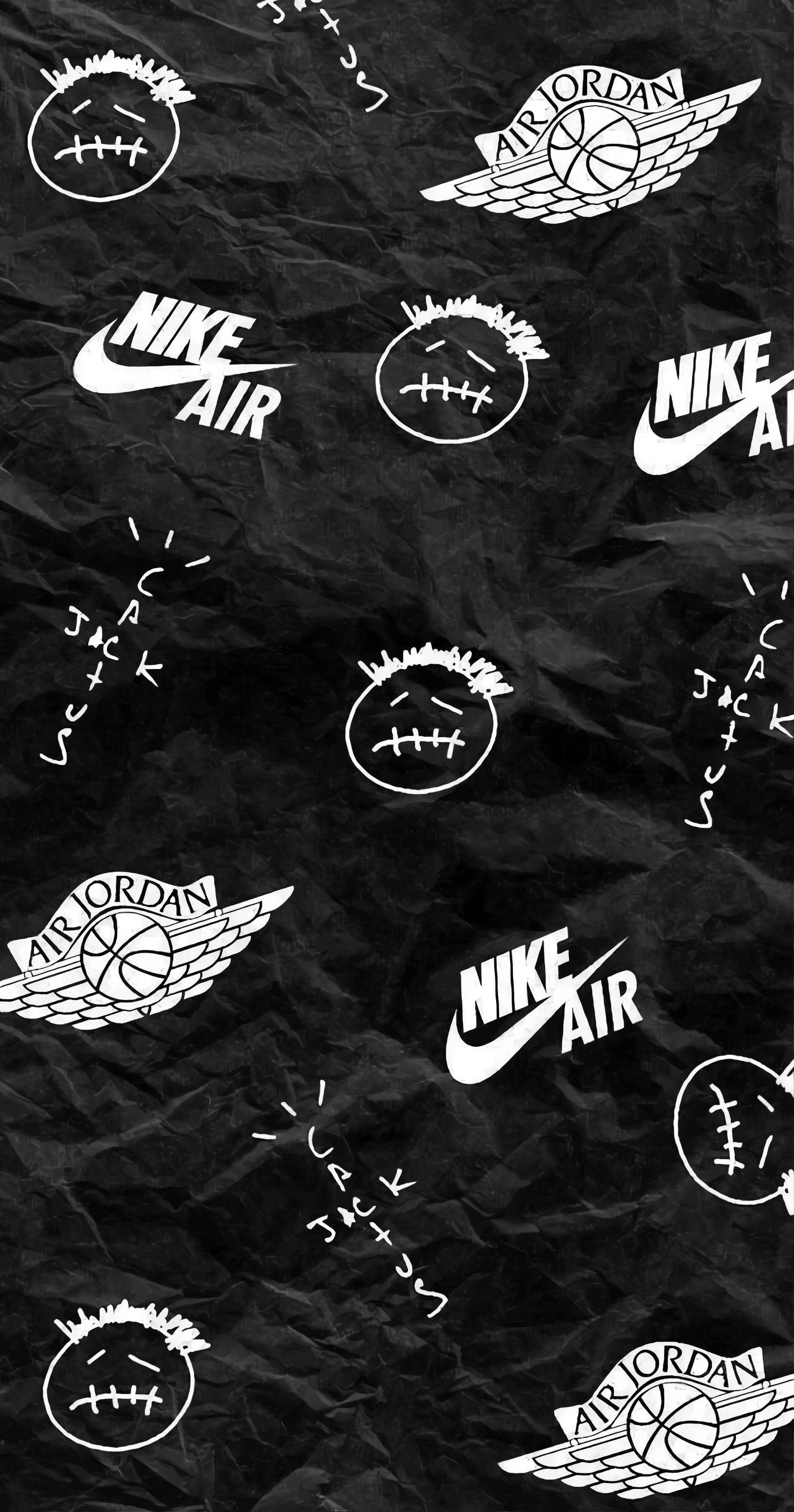 Nike iPhone 桌布 壁紙 — 白色Nike Air Jordan標誌和縫合面孔塗鴉在皺巴巴的黑色紙張紋理上重複。