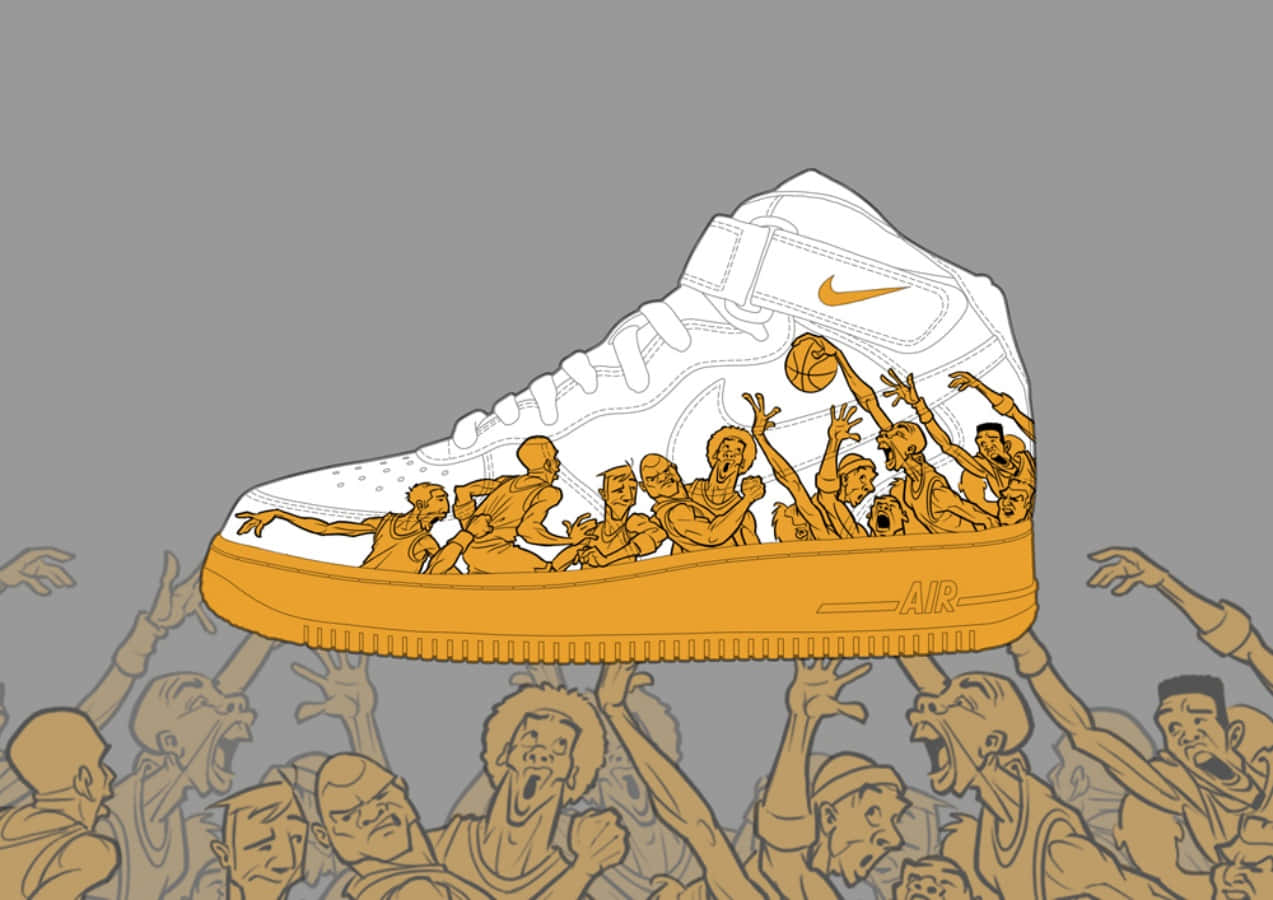 桌布 壁紙 — 白色Nike Air運動鞋，橙色鞋底，側面有卡通籃球運動員爆出，下方有歡呼的人群。