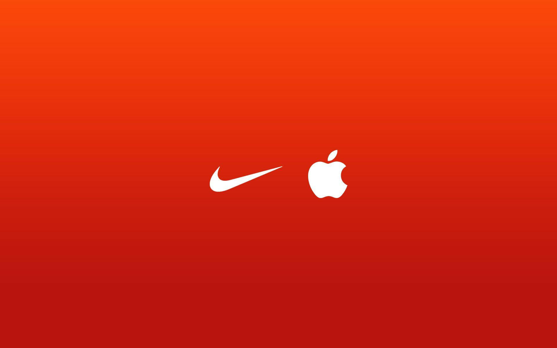 Nike iPhone 桌布 壁紙 — 白色Nike勾勾和Apple標誌居中在鮮豔的紅色漸變背景上。