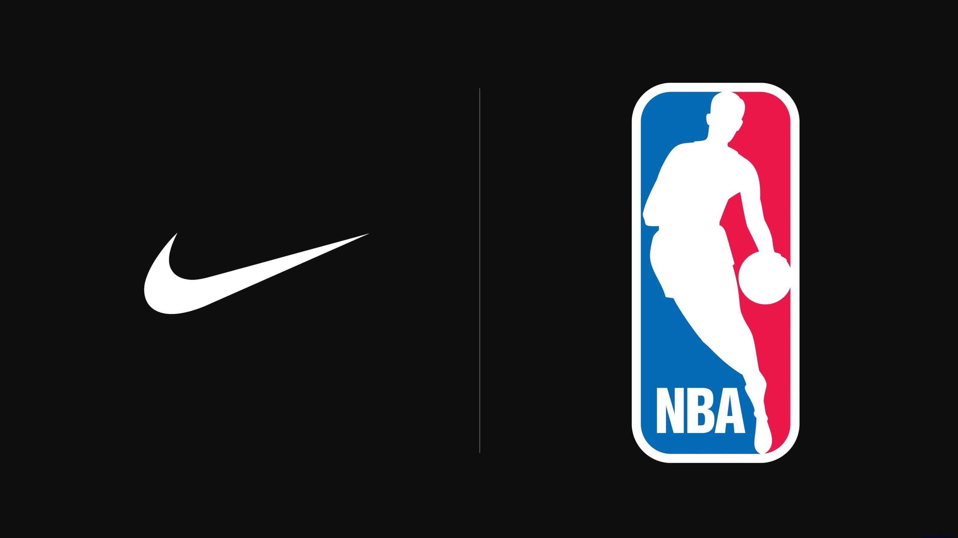 NBA 桌布 壁紙 — 白色Nike勾勾與NBA標誌並列在黑色背景上。