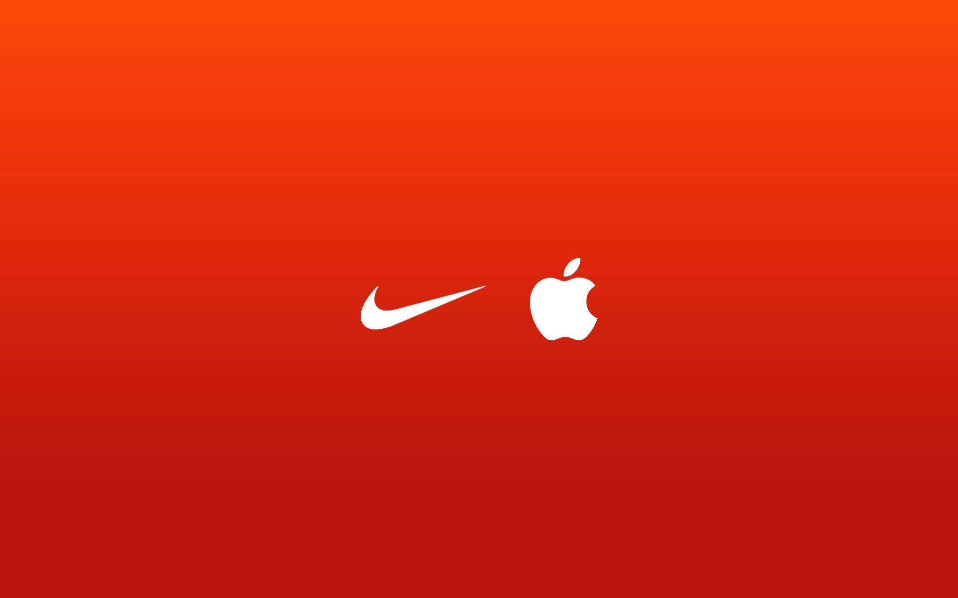 酷炫耐吉 桌布 壁紙 — 白色Nike勾號和Apple標誌居中在鮮豔的紅色漸變背景上。