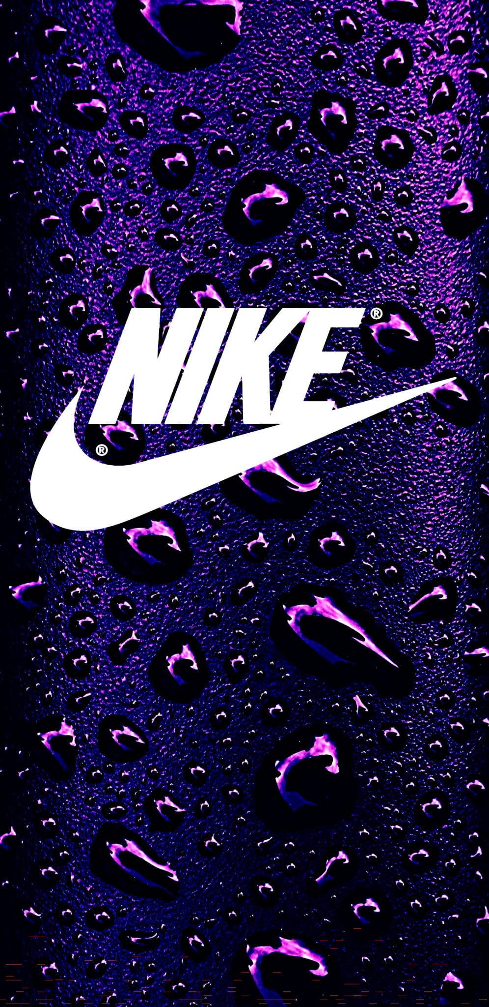 Nike iPhone 桌布 壁紙 — 白色Nike標誌在點綴著發光水滴的深紫色表面上醒目地矗立。