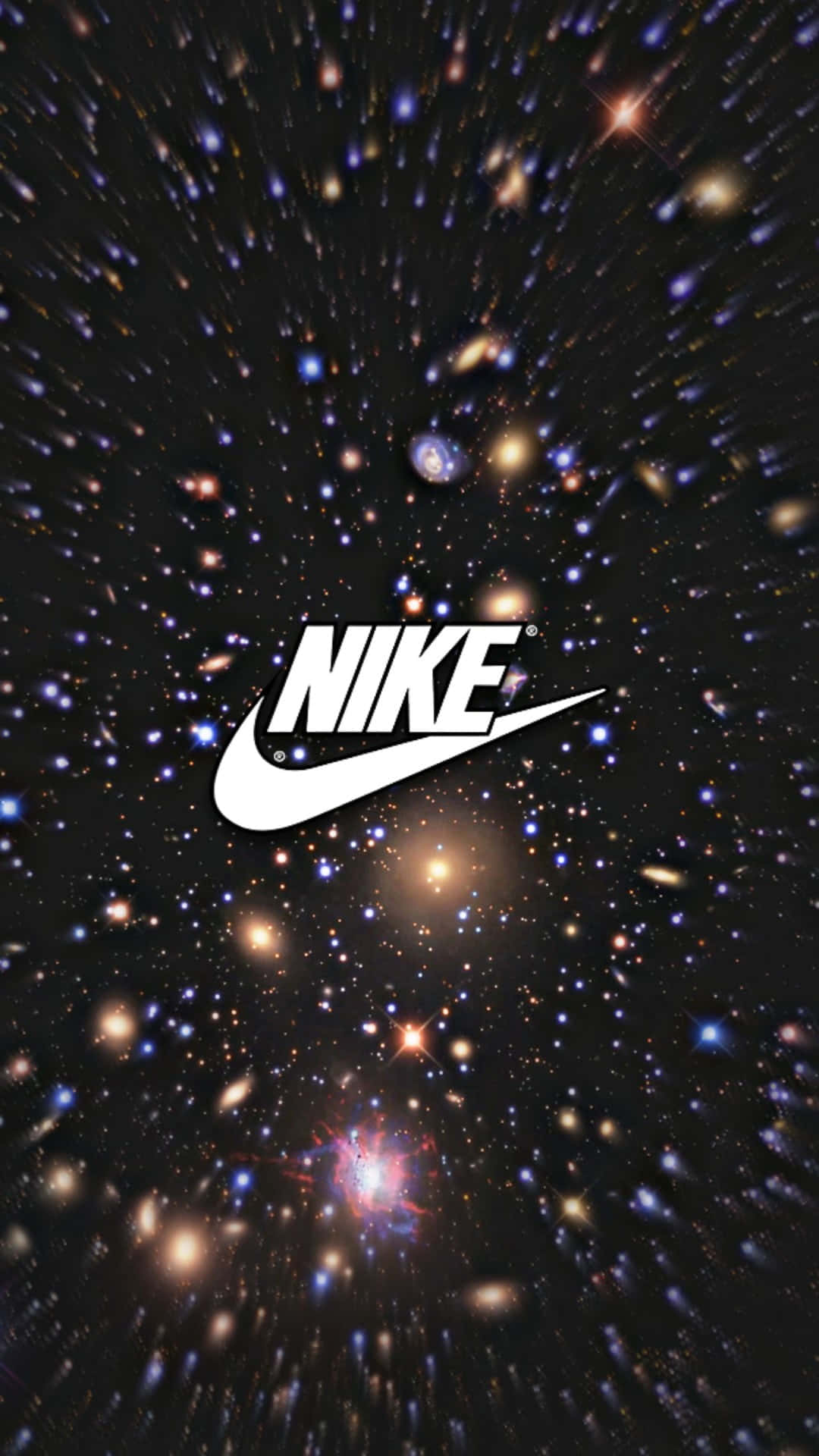 桌布 壁紙 — 白色Nike標誌置中，背景是發光的星星和遙遠星系的宇宙場景。