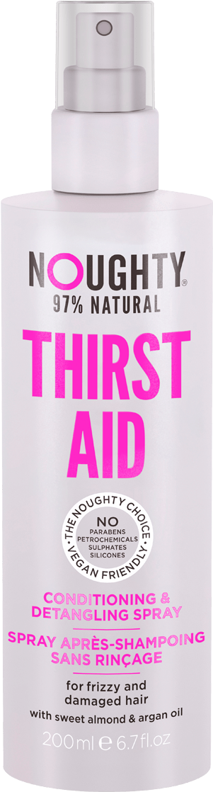 維多利亞的秘密 桌布 壁紙 — 白色Noughty Thirst Aid護髮噴霧瓶，帶有粗體粉紅色文字和銀色噴嘴。