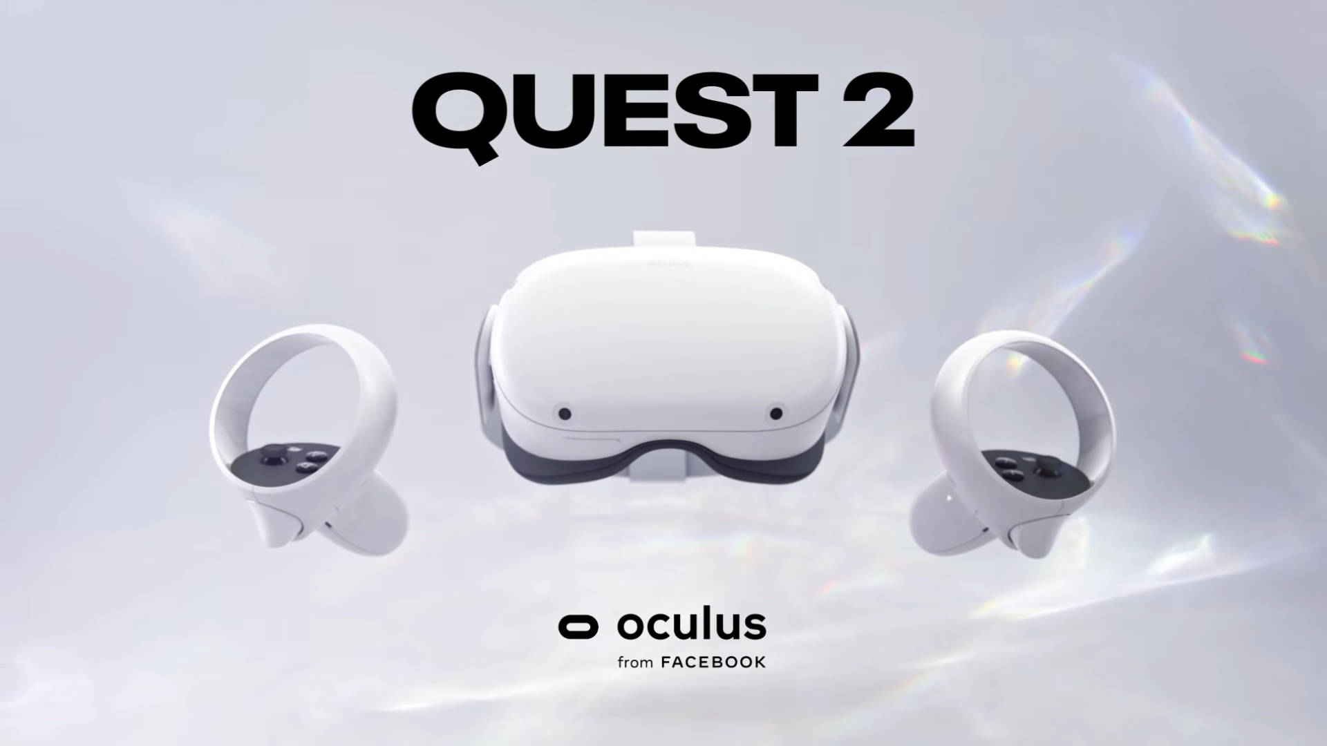 Quest 桌布 壁紙 — 白色Oculus Quest 2 VR頭戴式裝置和控制器漂浮在柔和發光的背景上，帶有彩虹光折射。