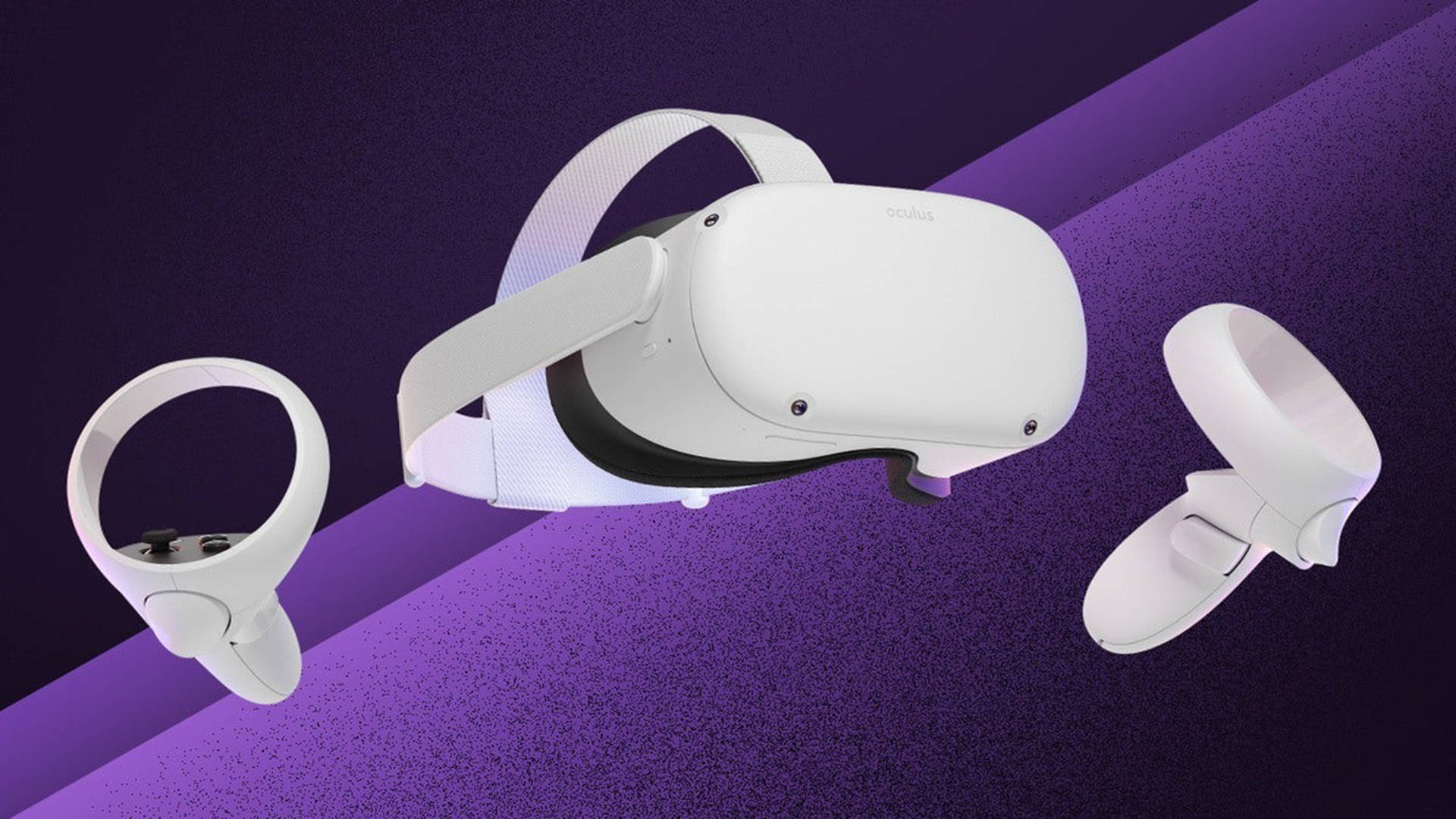 Quest 桌布 壁紙 — 白色Oculus VR頭戴式裝置和控制器漂浮在帶有紋理的紫色漸變背景上。