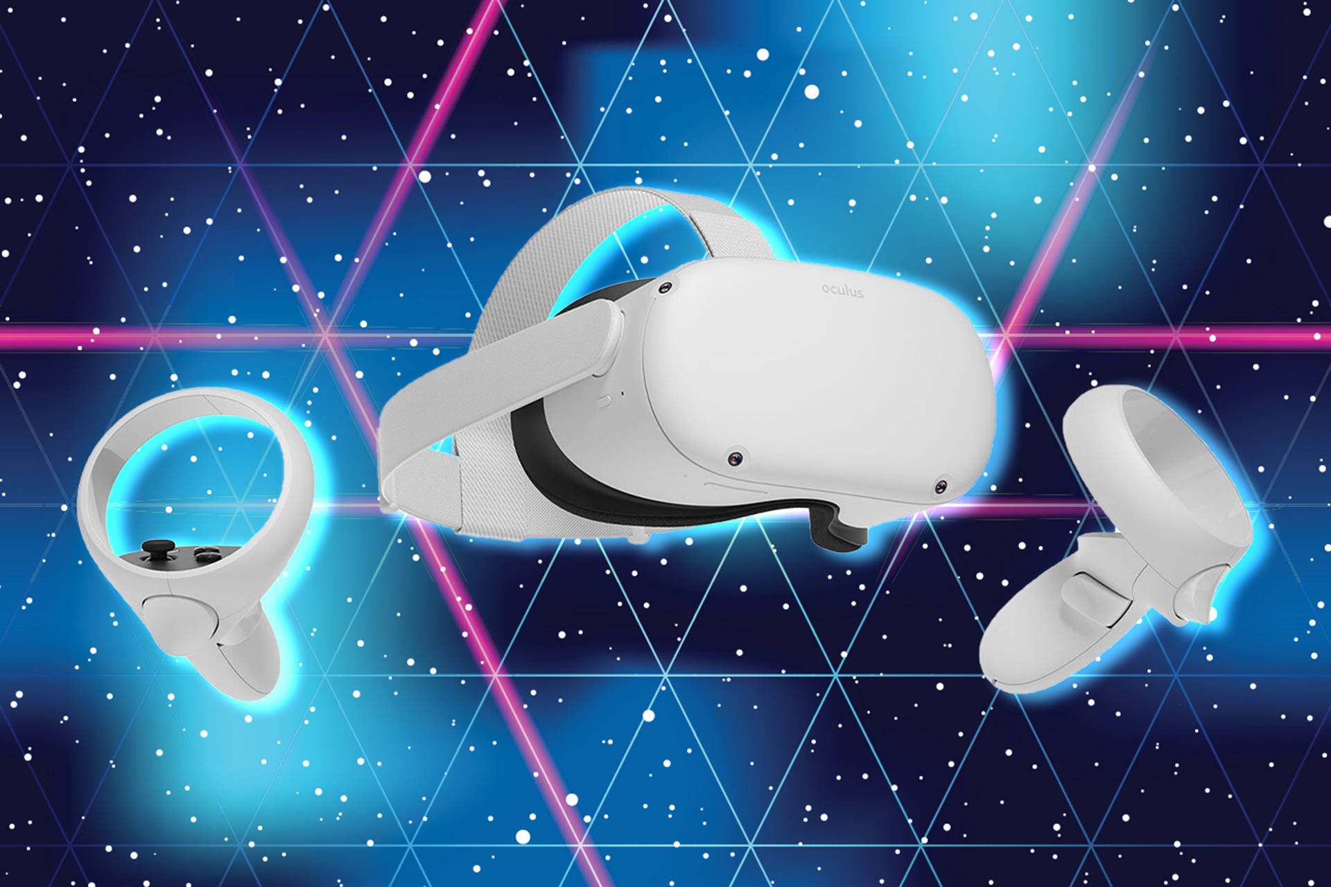 Quest 桌布 壁紙 — 白色Oculus VR頭戴式裝置和控制器在星形藍色網格和霓虹粉紅線條中發光。