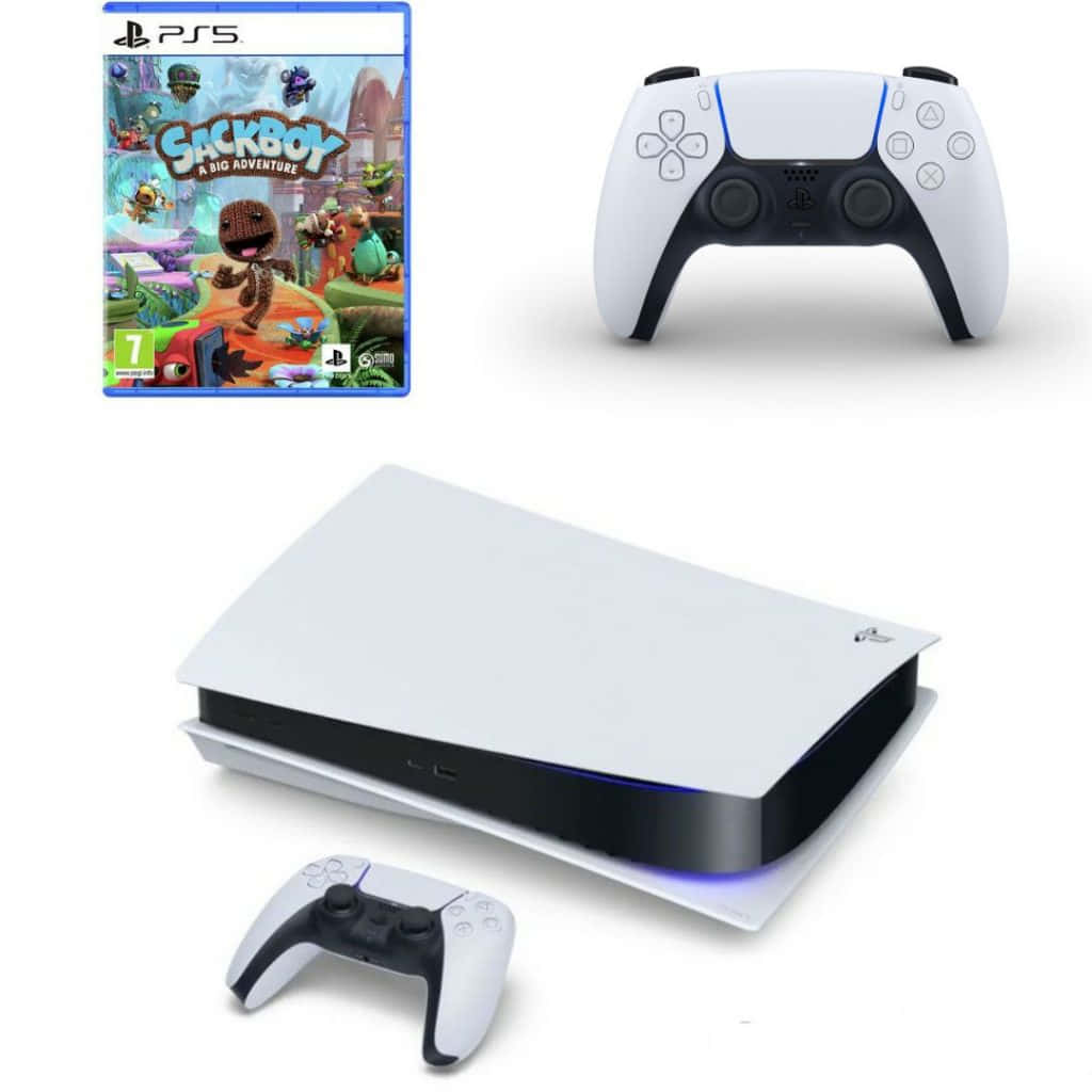 PS5 動態圖片 桌布 壁紙 — 白色PlayStation 5主機及DualSense控制器，連同Sackboy遊戲封面，展示在潔白背景上。