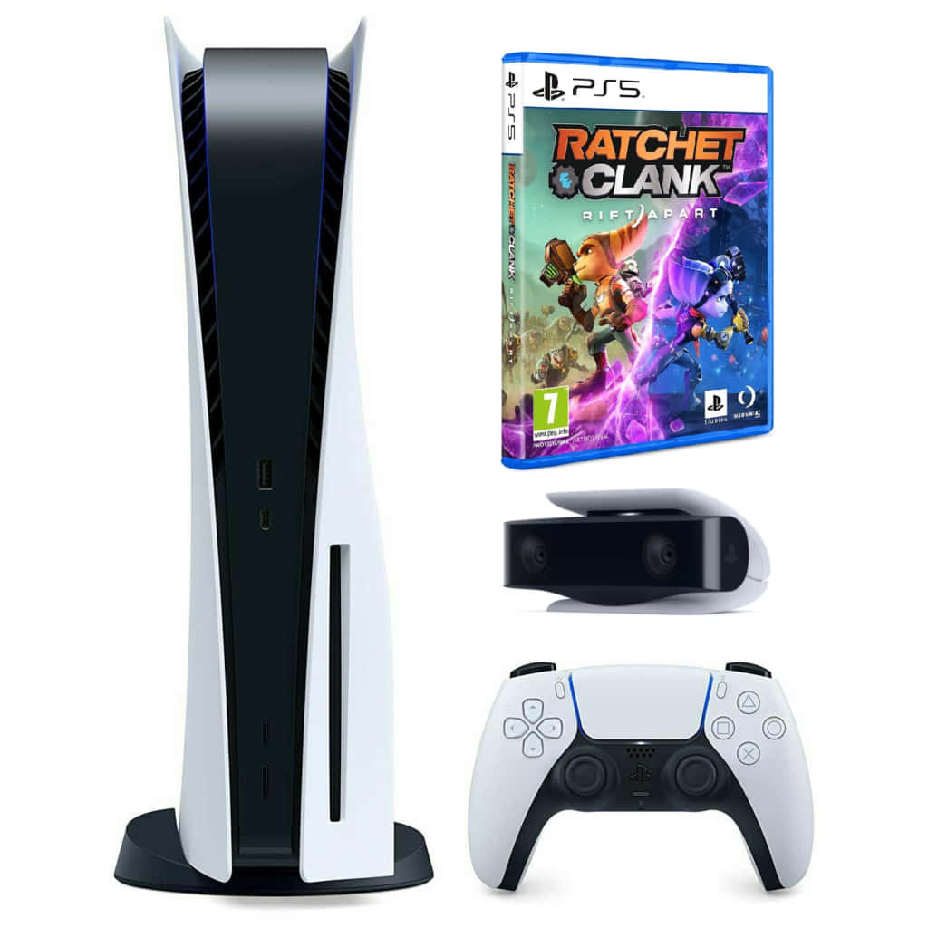 PS5 動態圖片 桌布 壁紙 — 白色PlayStation 5主機，連同控制器、鏡頭及Ratchet Clank Rift Apart遊戲盒，展示在潔白背景上。