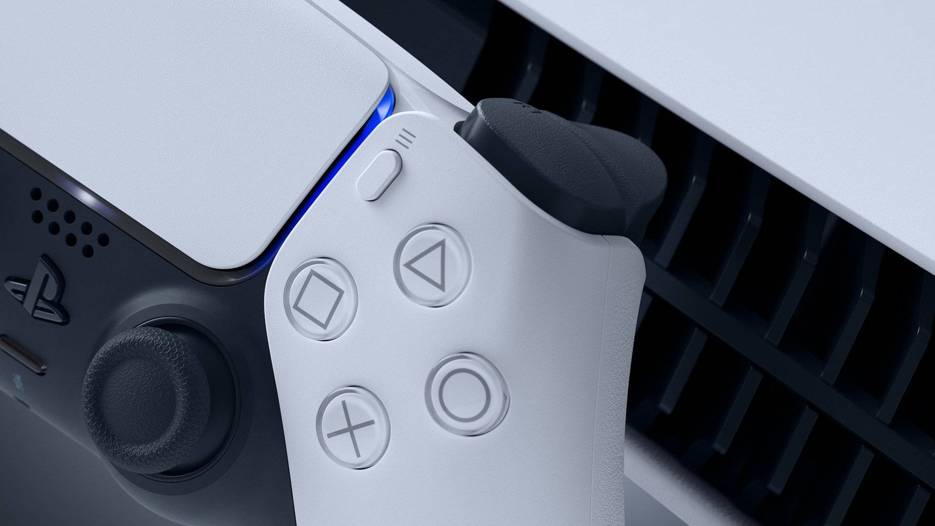 白色PlayStation 5控制器，藍色光在主機散熱口旁邊。 — Ps4 壁紙