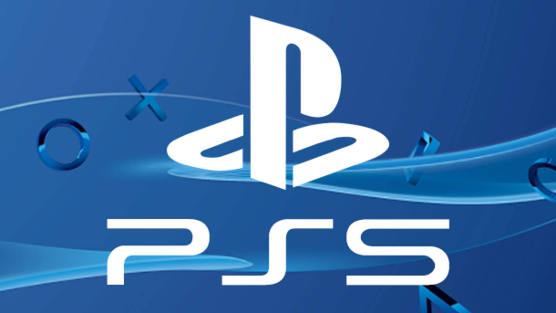 PS5 動態圖片 桌布 壁紙 — 白色PlayStation 5標誌和控制器符號在漸變藍色背景上動態漂浮，帶有發光的光條。