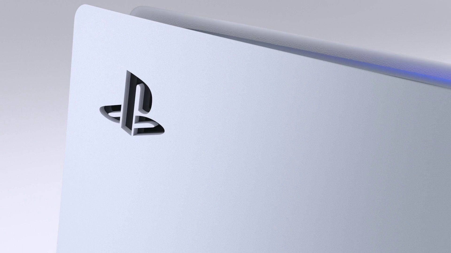 PS5 動態圖片 桌布 壁紙 — 白色PlayStation主機特寫，邊緣帶有發光藍光。